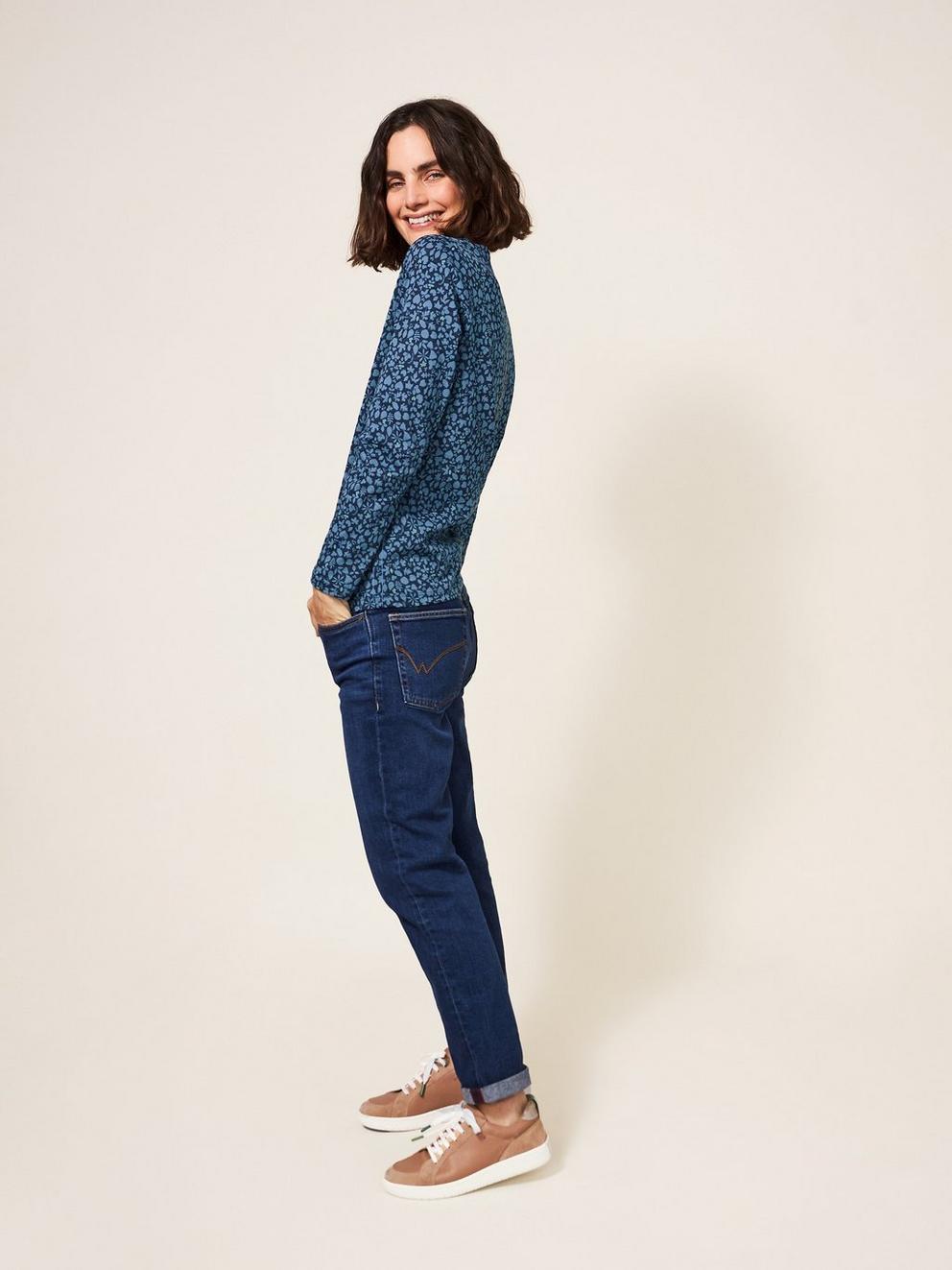 Long Sleeve Nelly Tee in NAVY MULTI - MODEL BACK