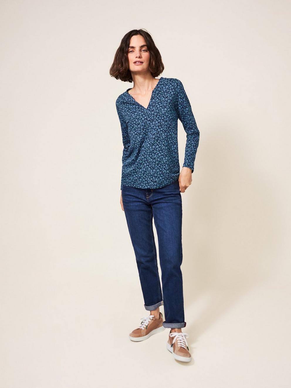 Long Sleeve Nelly Tee in NAVY MULTI - MODEL DETAIL