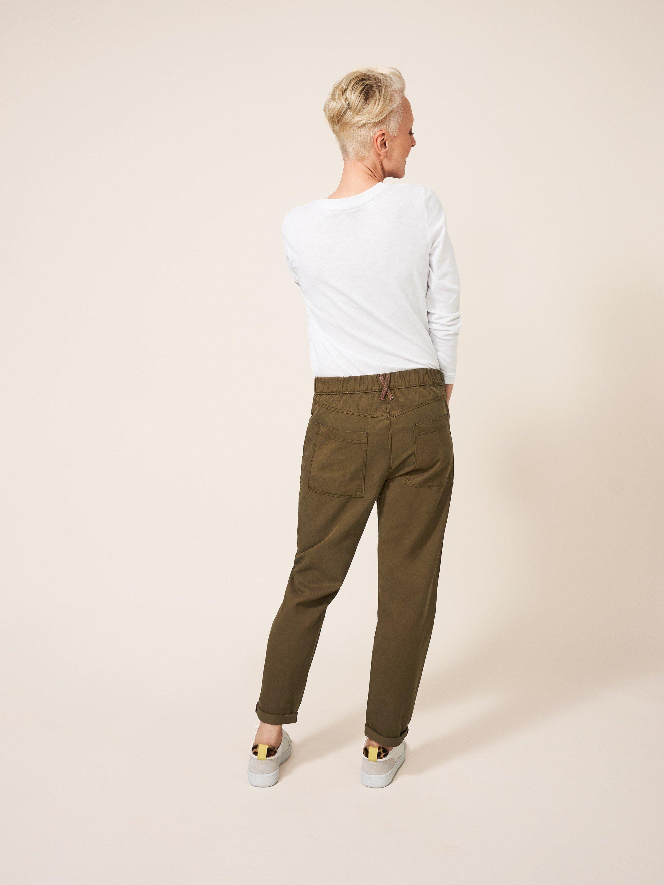 Thea Tapered Trouser in KHAKI GRN - MODEL BACK