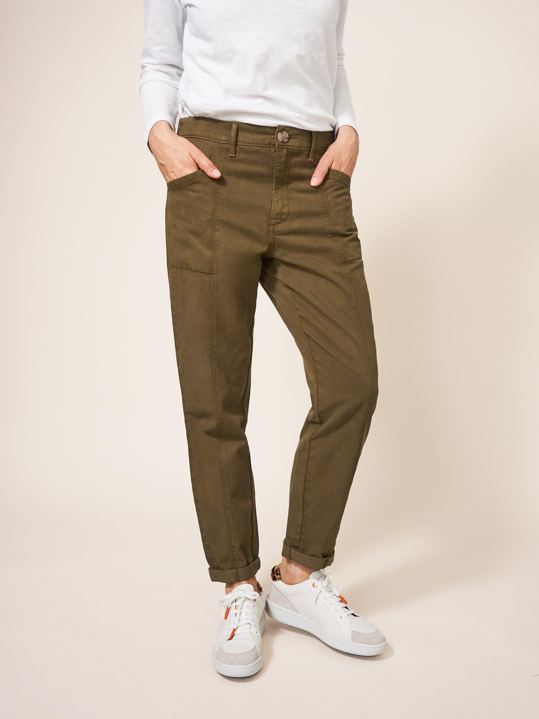 Thea Tapered Trouser in KHAKI GRN - MODEL FRONT