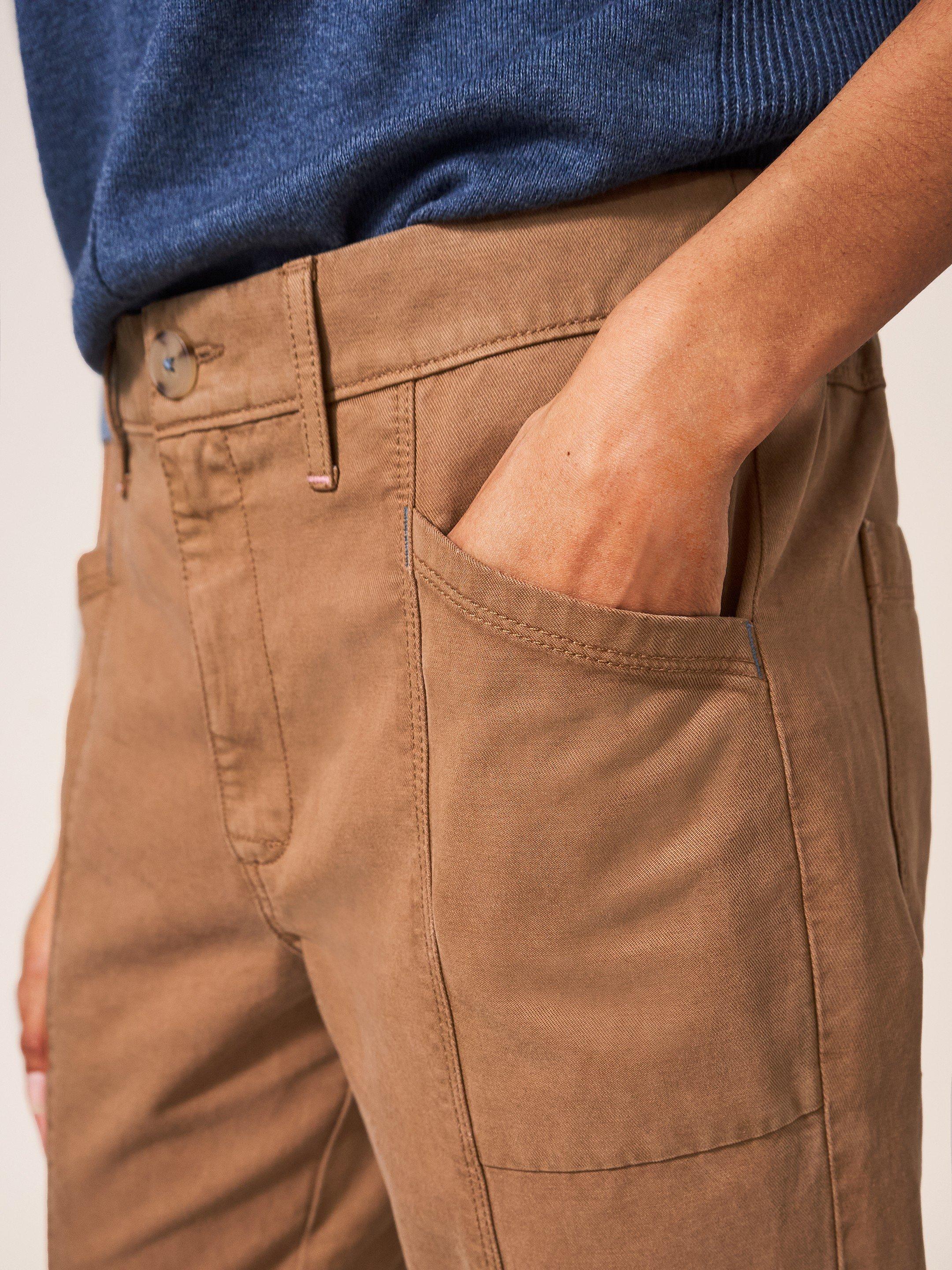 Thea Tapered Trouser in MID TAN - MODEL DETAIL