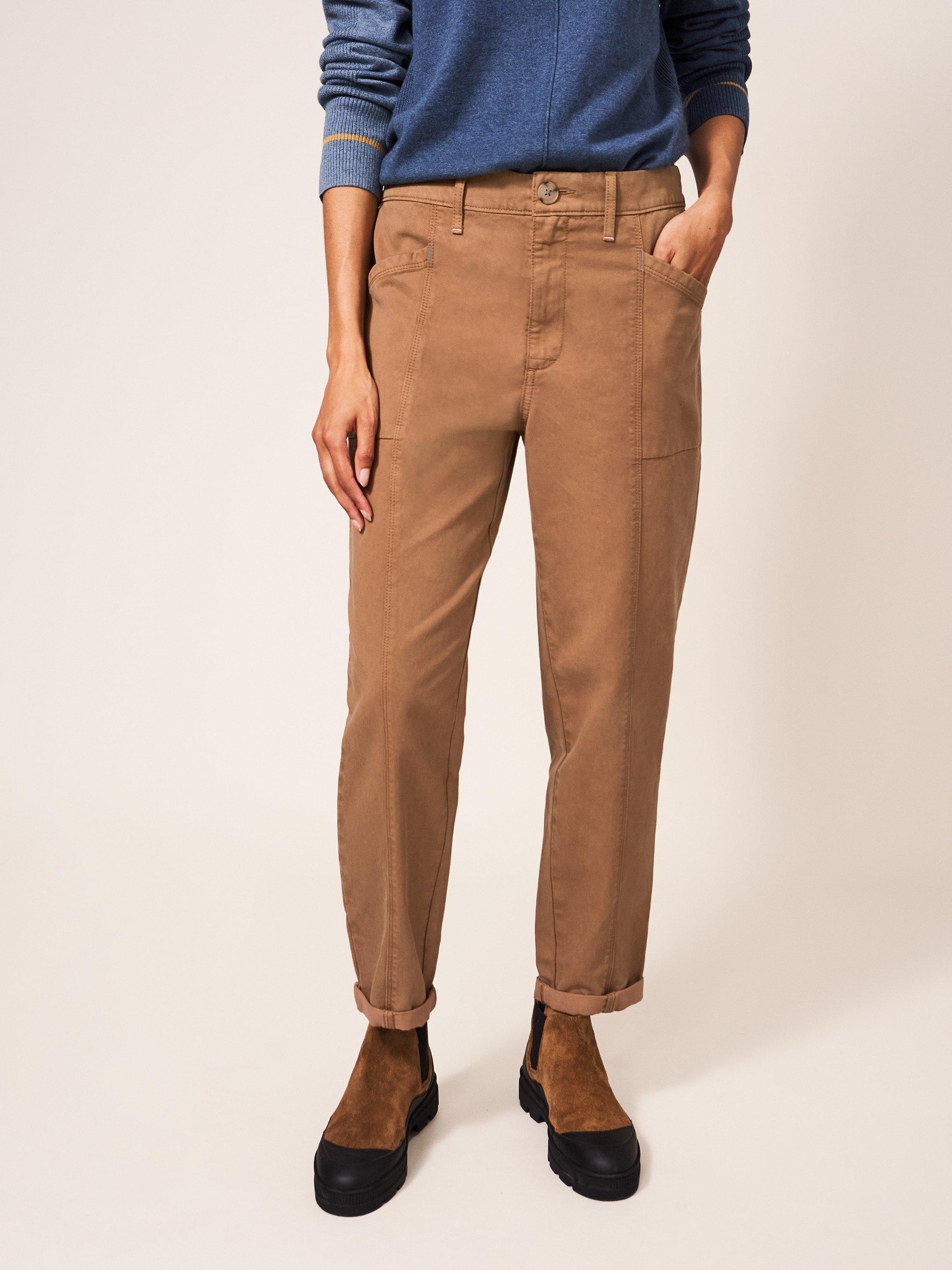 Thea Tapered Trouser in MID TAN - MODEL FRONT