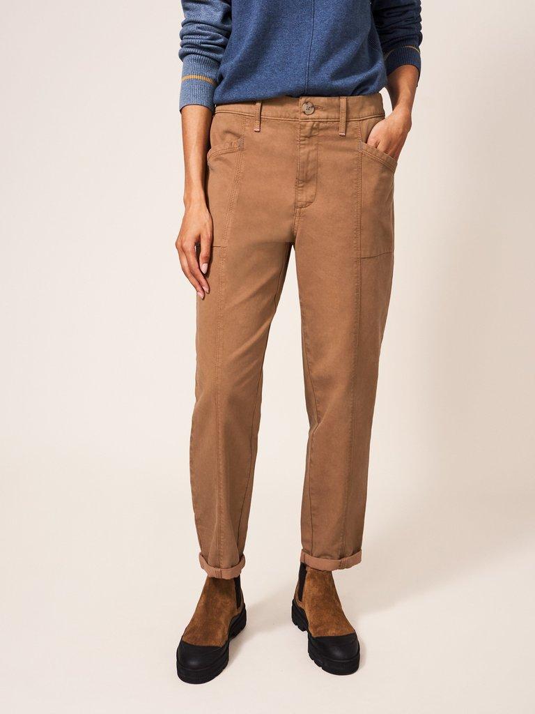 Thea Tapered Trouser in MID TAN - MODEL FRONT