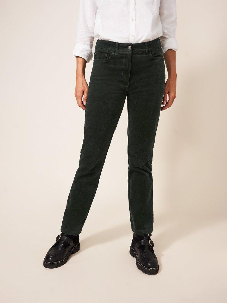 Brooke Straight Cord Trouser in DK GREEN - MODEL FRONT