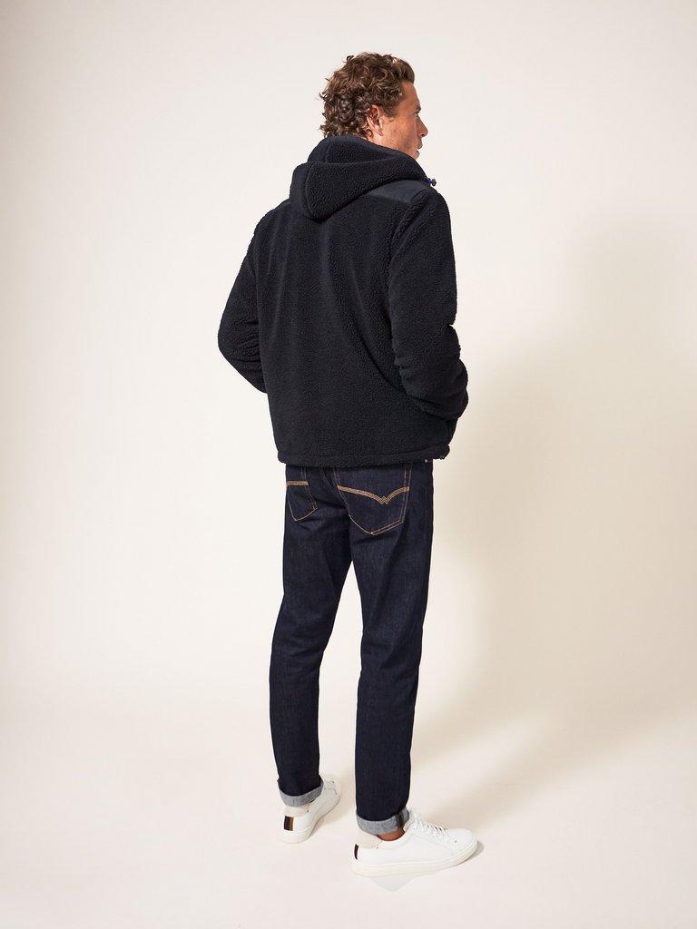 Oadby Hooded Borg Zip Through in PURE BLK - MODEL FRONT