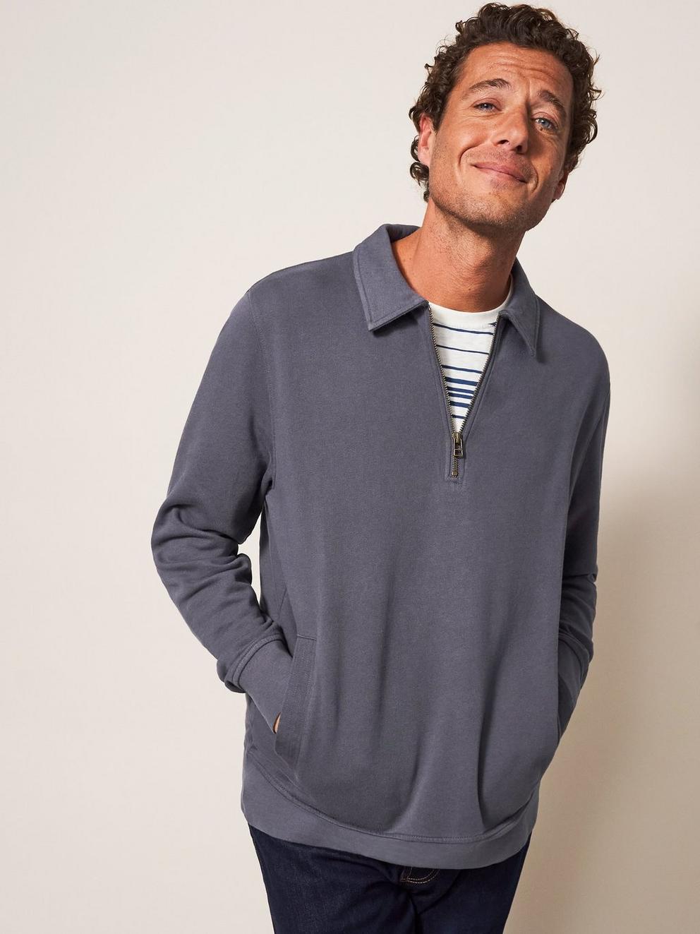 Ashby Half Zip Sweat in DARK GREY - MODEL DETAIL