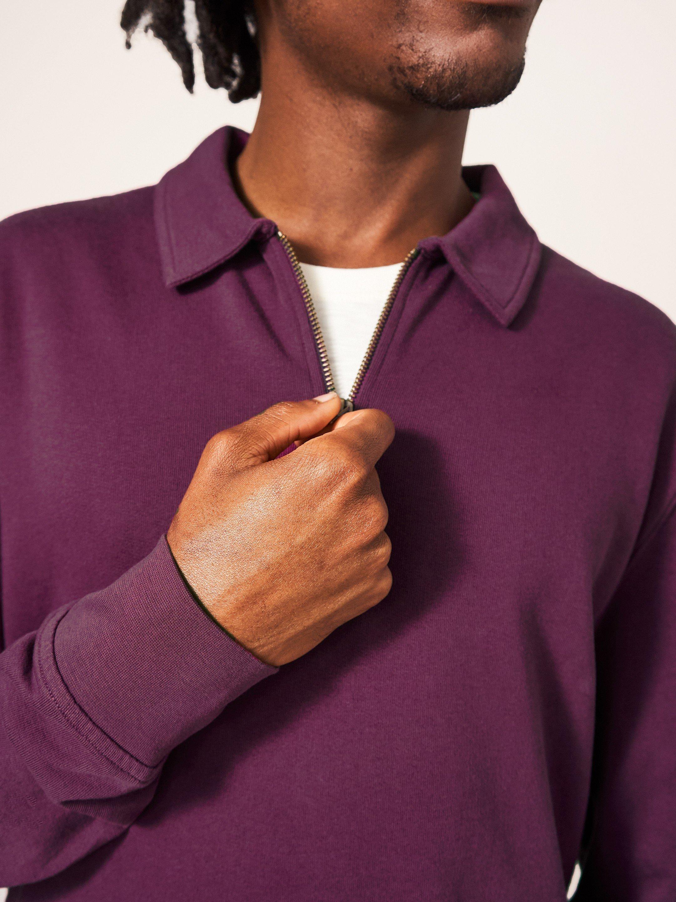 Ashby Half Zip Sweat in MID PLUM - MODEL DETAIL