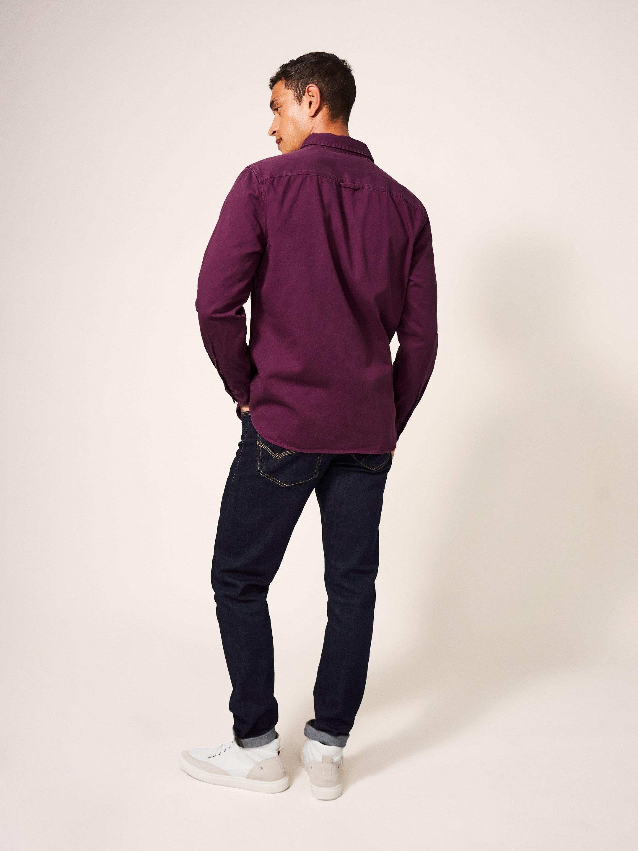 Furze Garment Dye Twill Shirt in MID PLUM - MODEL DETAIL