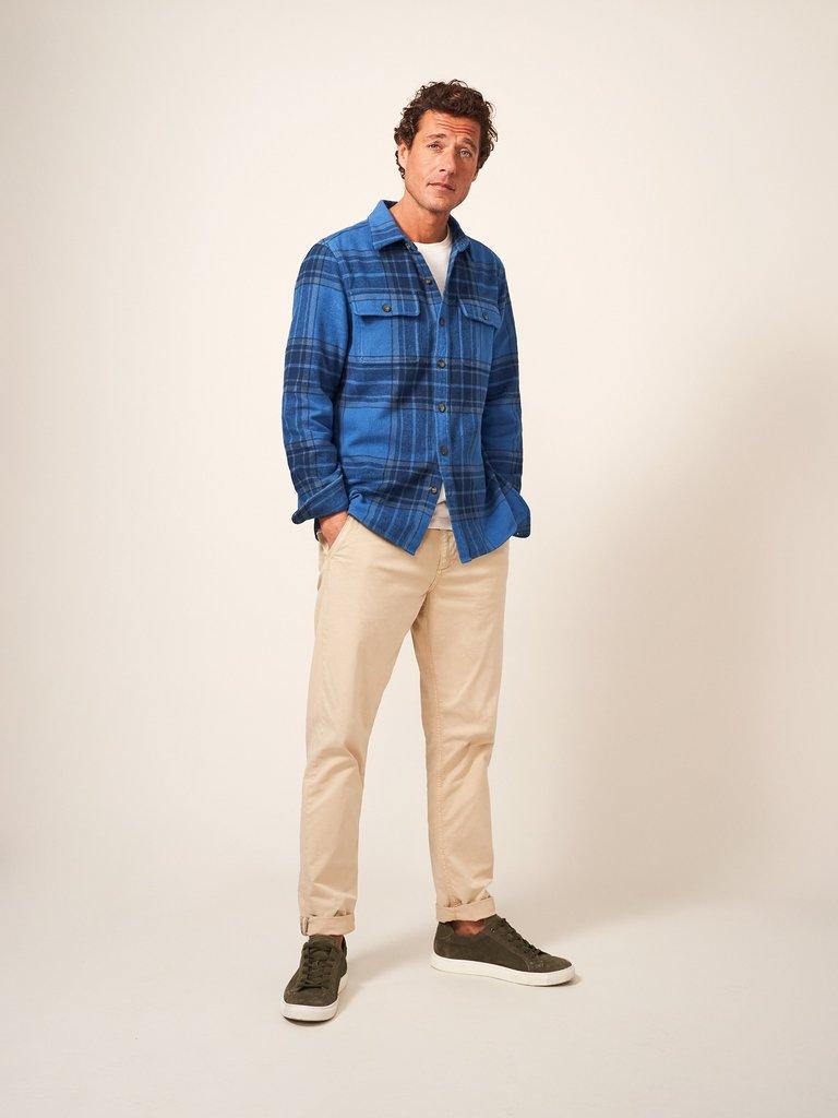 Darwen Check Overshirt in DEEP BLUE - MODEL FRONT