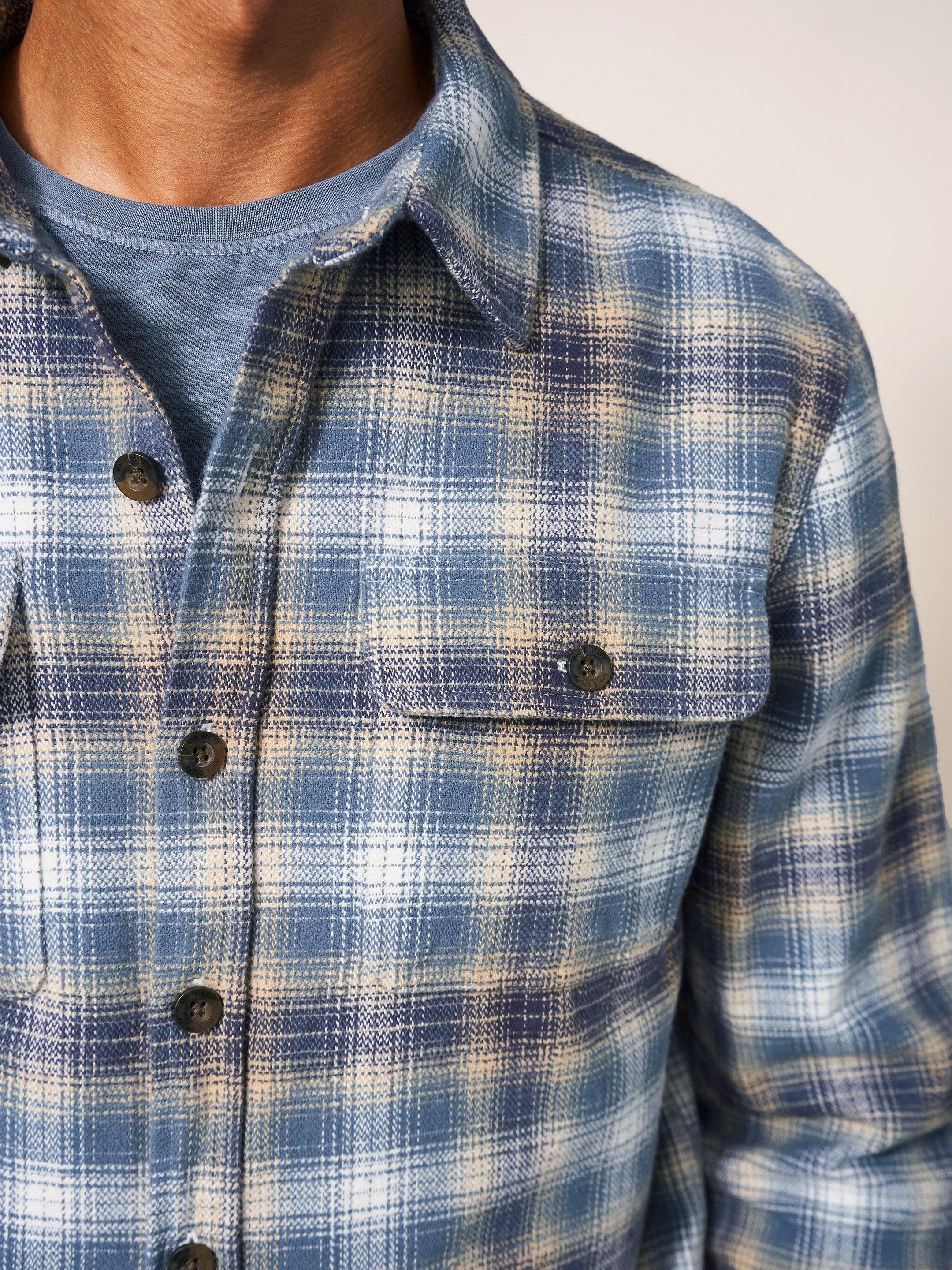 Darwen Check Overshirt in MID BLUE - MODEL FRONT