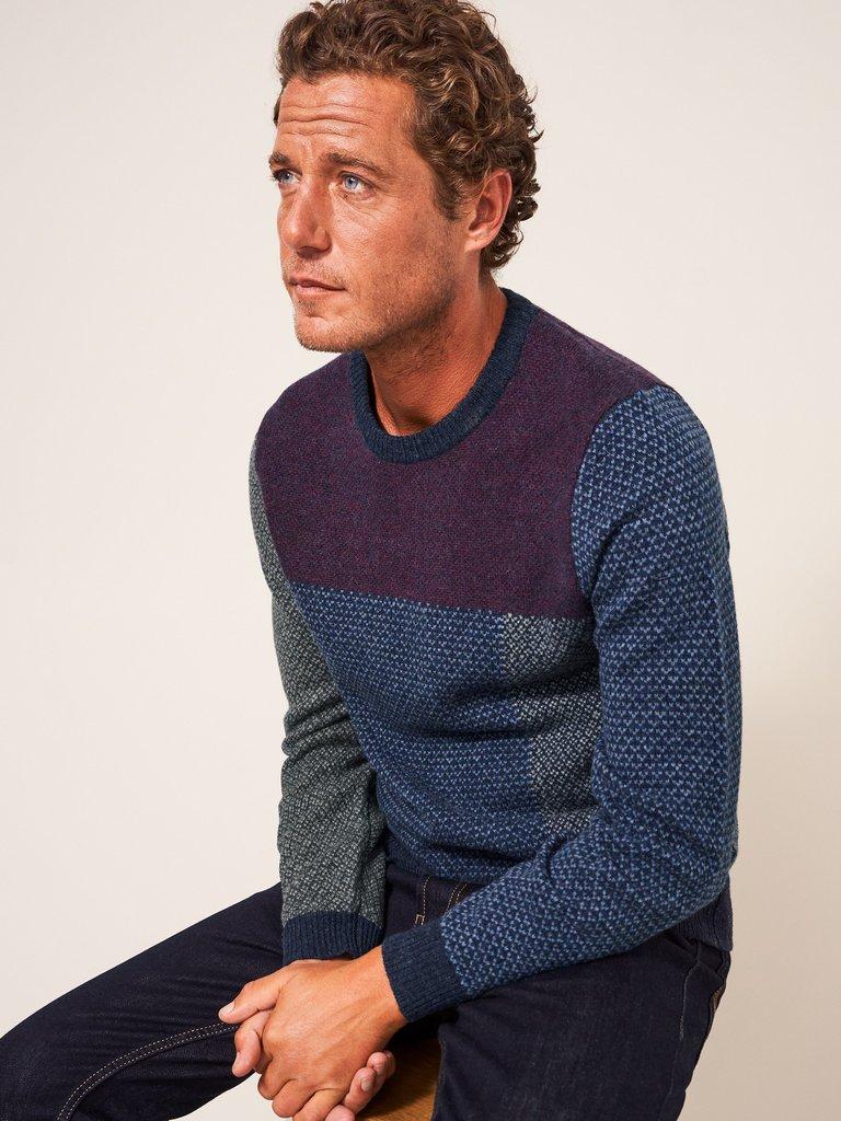 Patchwork Pattern Crew in NAVY MULTI - LIFESTYLE