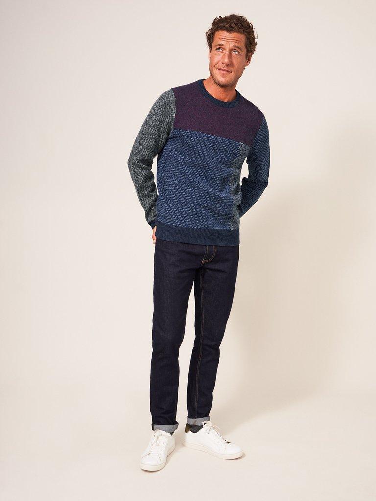 Patchwork Pattern Crew in NAVY MULTI - MODEL FRONT