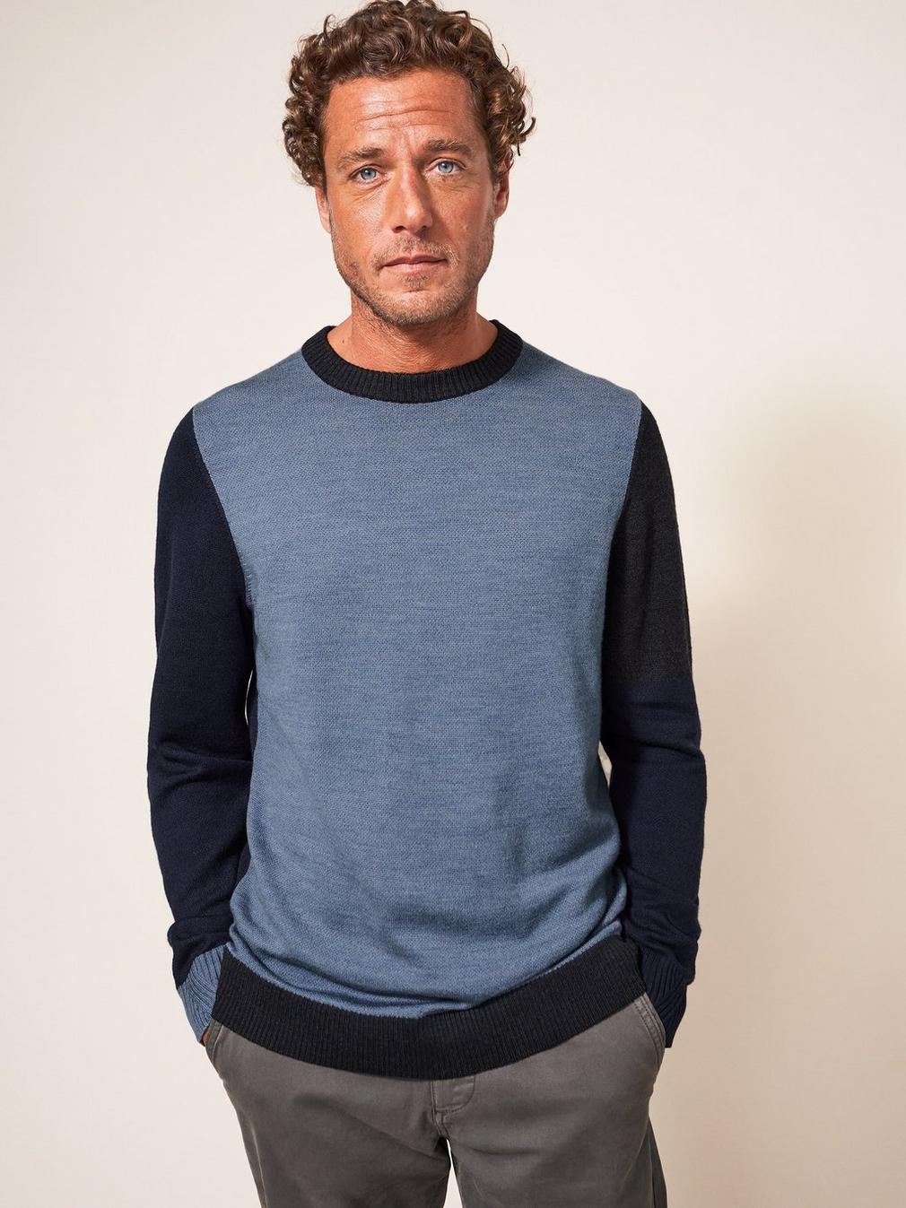 Newport Merino Block Crew in BLUE MLT - LIFESTYLE