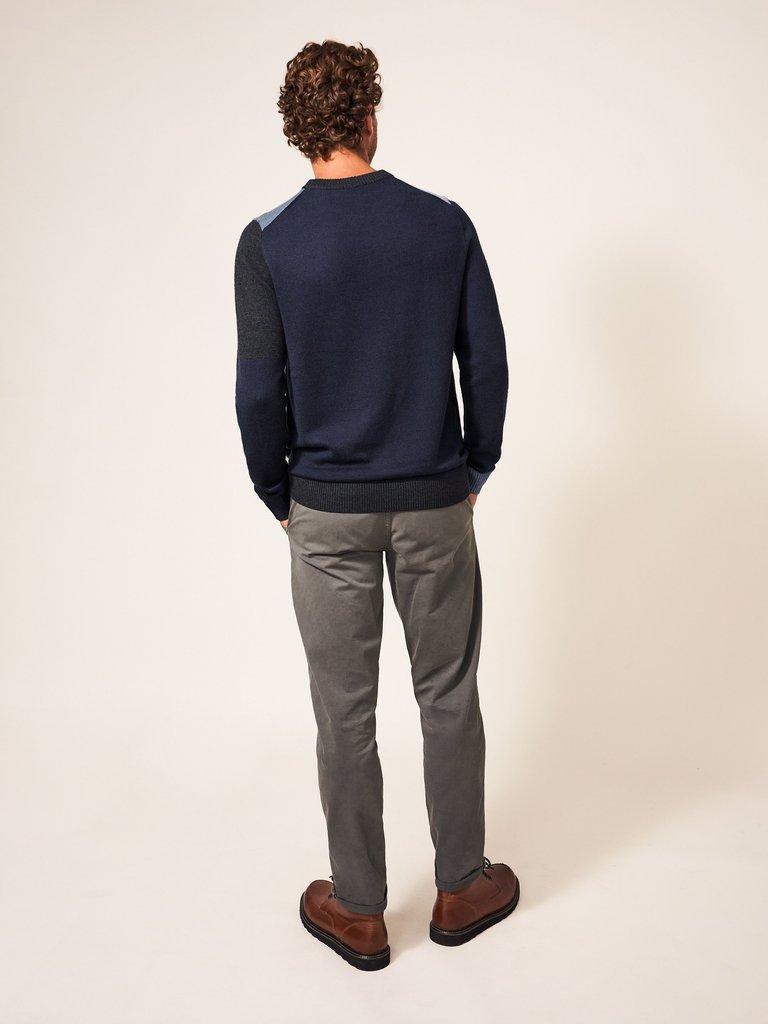 Newport Merino Block Crew in BLUE MLT - MODEL BACK