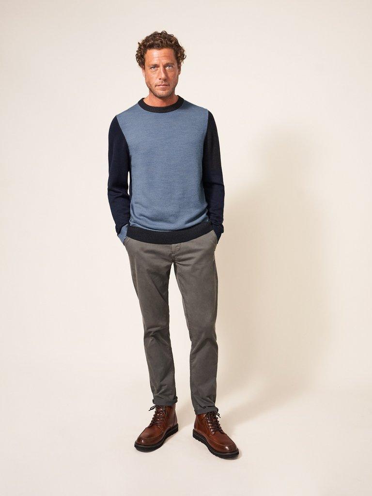 Newport Merino Block Crew in BLUE MLT - MODEL FRONT