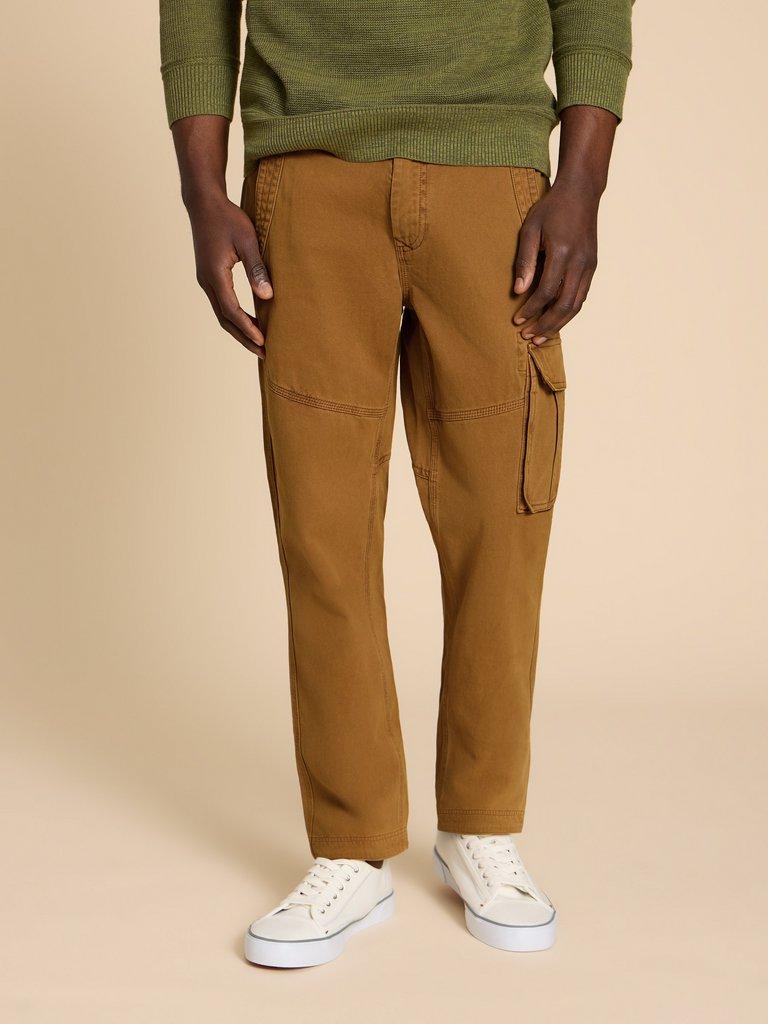 Kegworth Organic Cargo Trouser in DARK TAN - MODEL DETAIL