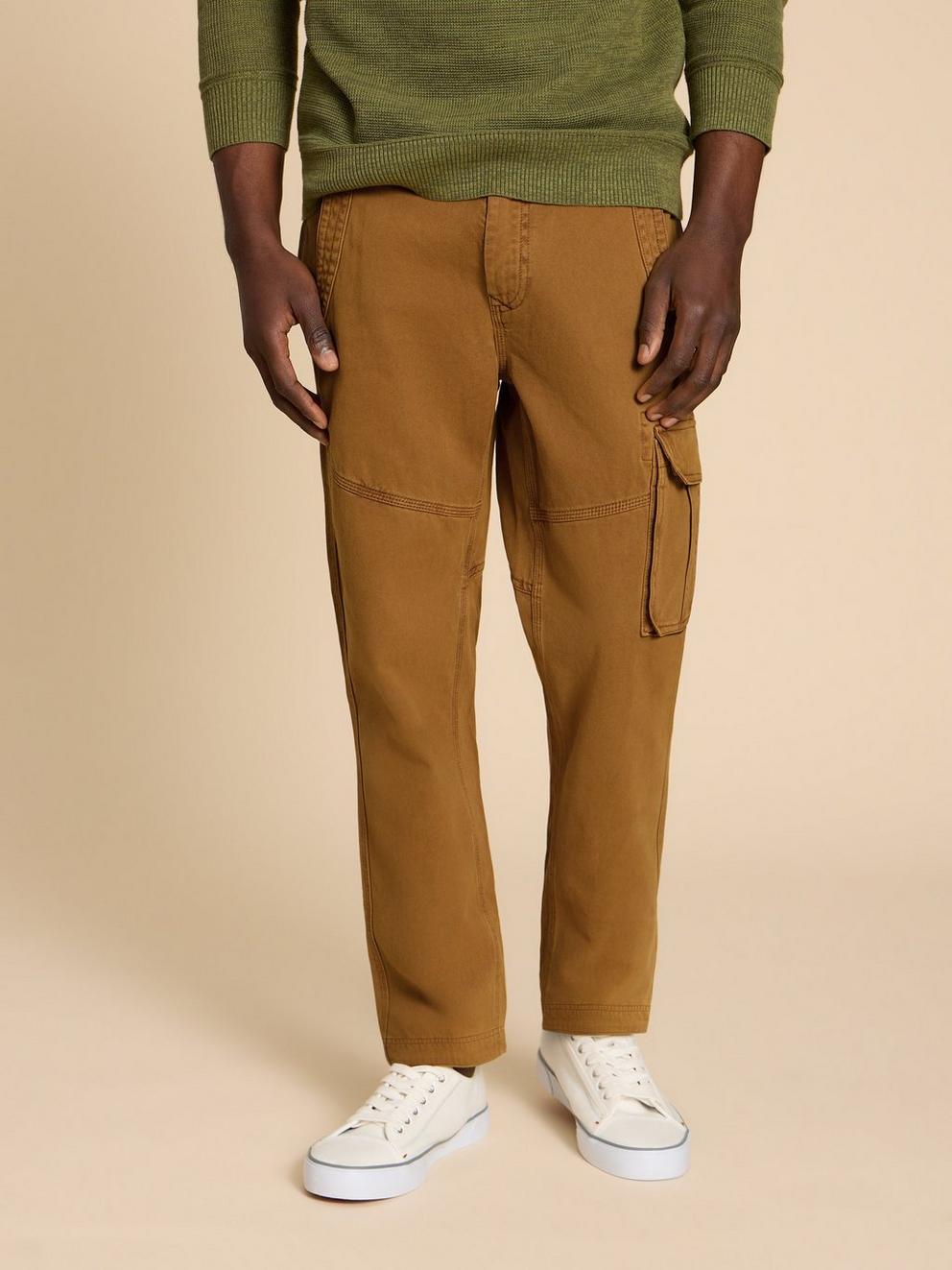 Kegworth Organic Cargo Trouser in DARK TAN - MODEL DETAIL