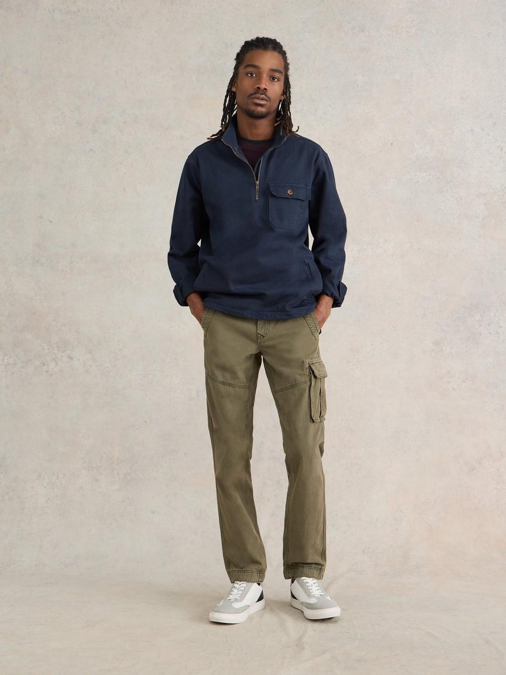 Kegworth Organic Cargo Trouser in KHAKI GRN - MODEL DETAIL