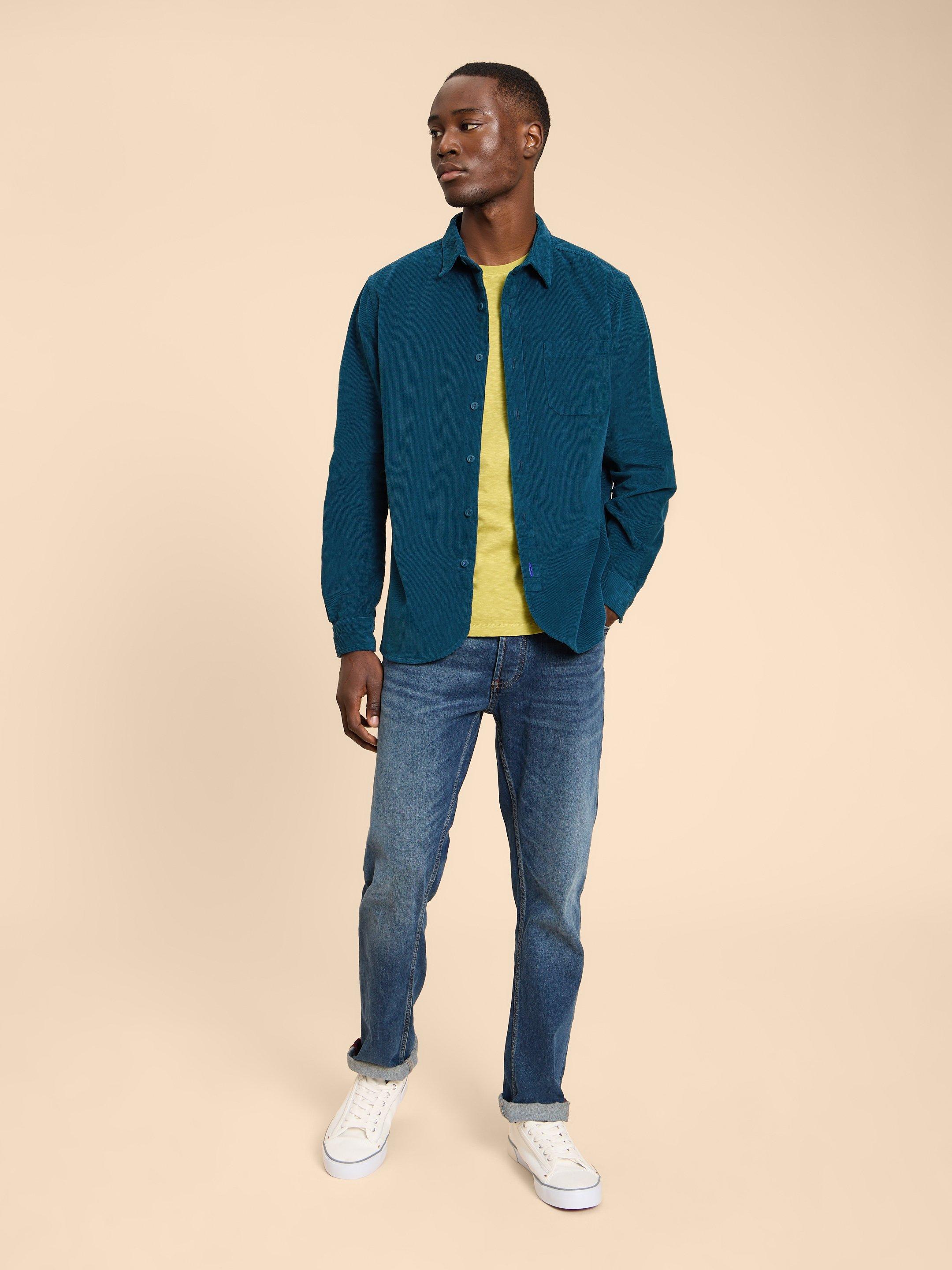 Whitwick Cord Shirt in MID TEAL - MODEL FRONT