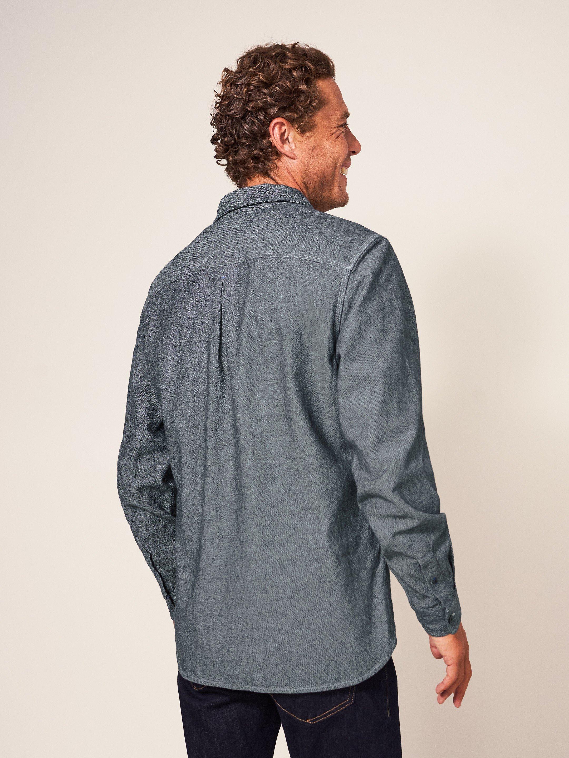 Donoghue Denim Shirt in BLK DENIM - MODEL BACK