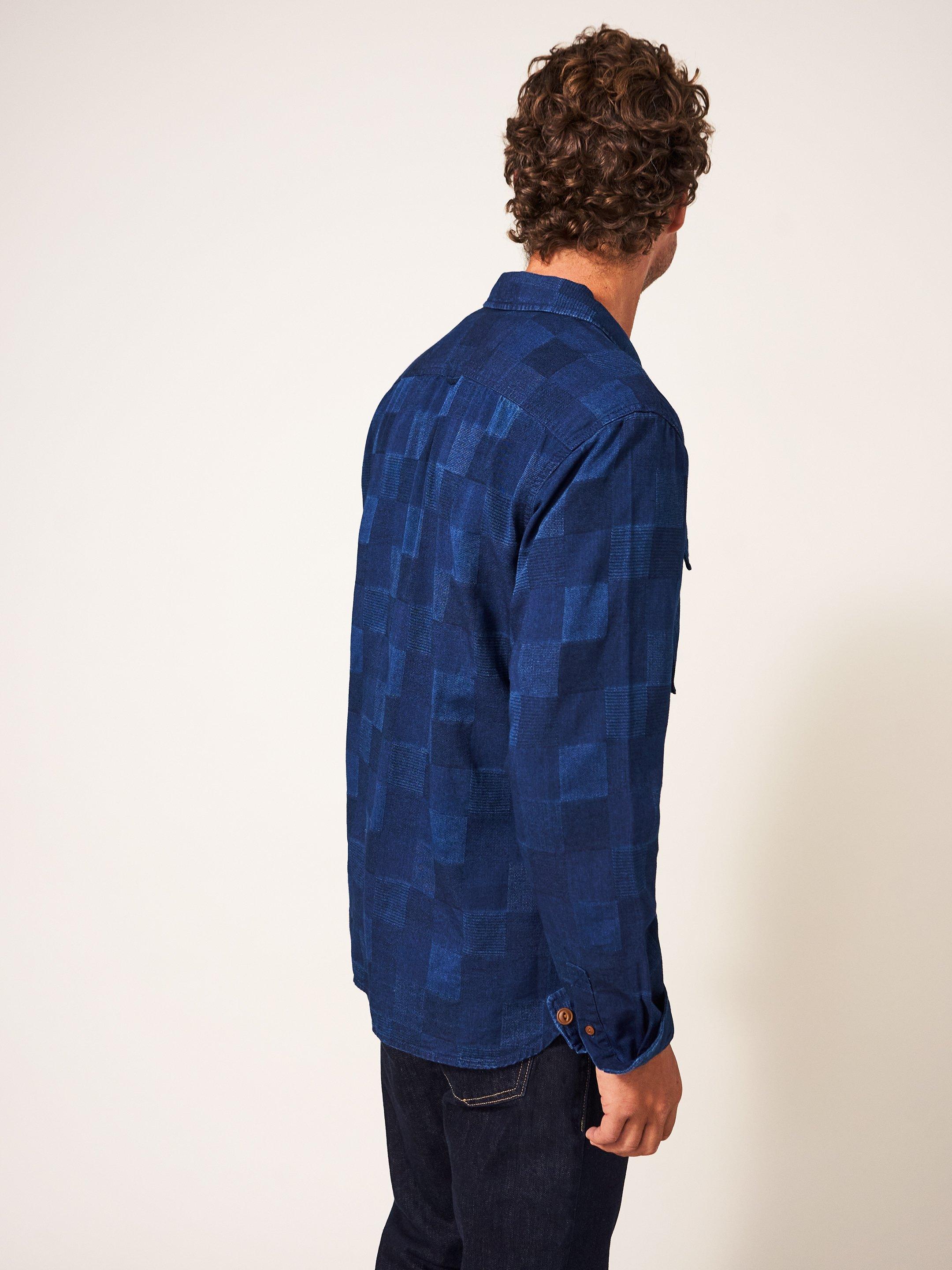 Indigo Patchwork Check Shirt in INDIGO BLE - MODEL BACK