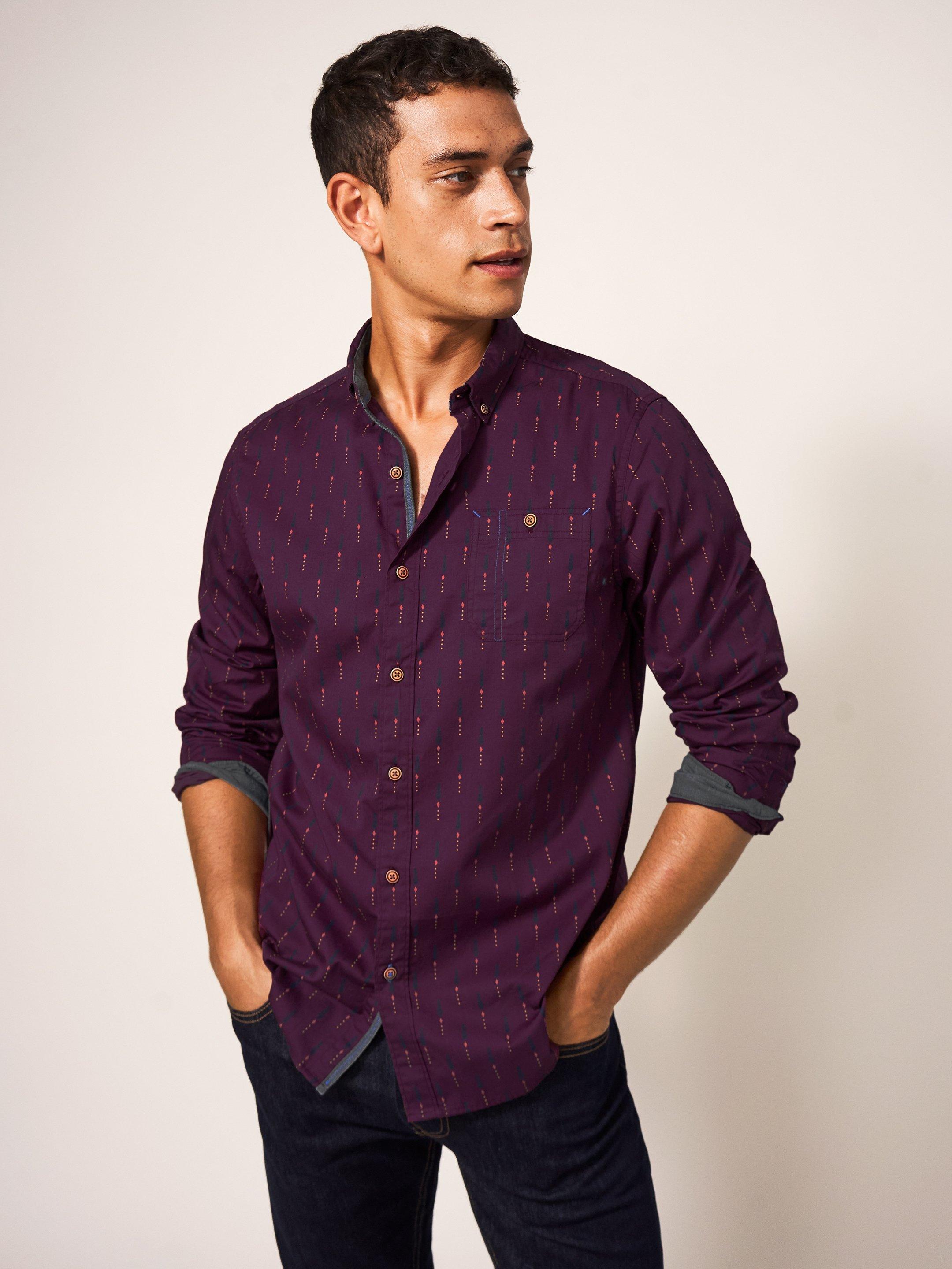 Finch Geo Printed Shirt in MID PLUM - MODEL FRONT