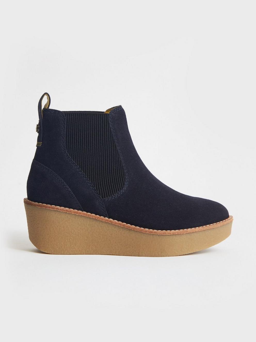 Lottie Suede Wedge Boot in DARK NAVY - MODEL FRONT