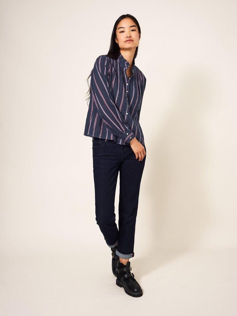 Paige Stripe Shirt in NAVY MULTI - MODEL FRONT