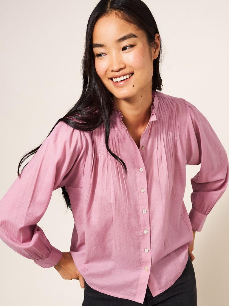 Paige Cotton Blend Shirt in MID PINK - MODEL DETAIL