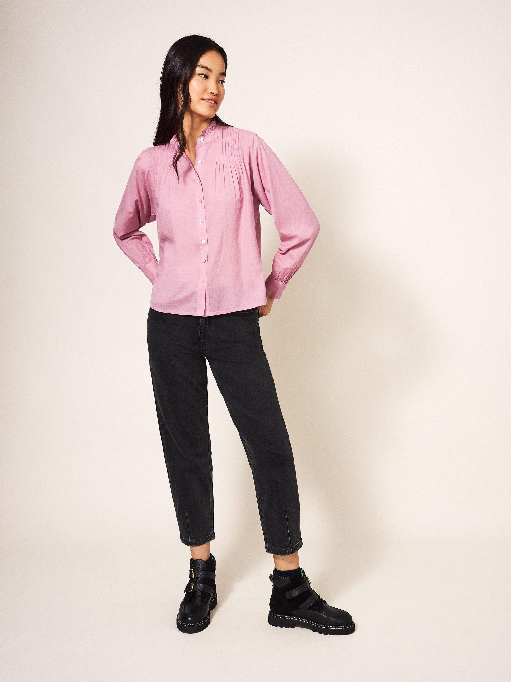 Paige Cotton Blend Shirt in MID PINK - MODEL FRONT