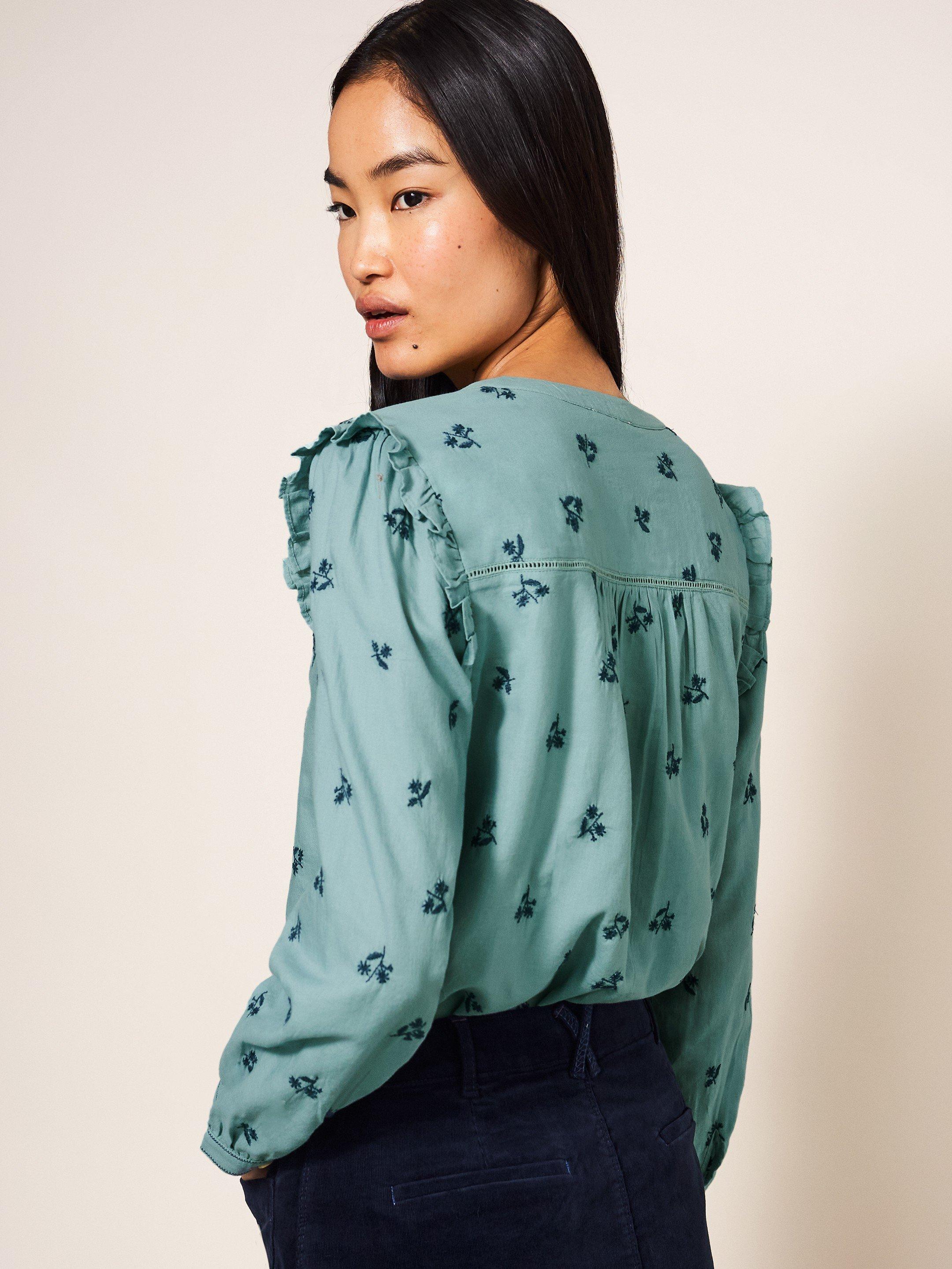 Florine Embroidered Shirt in TEAL MLT - MODEL BACK