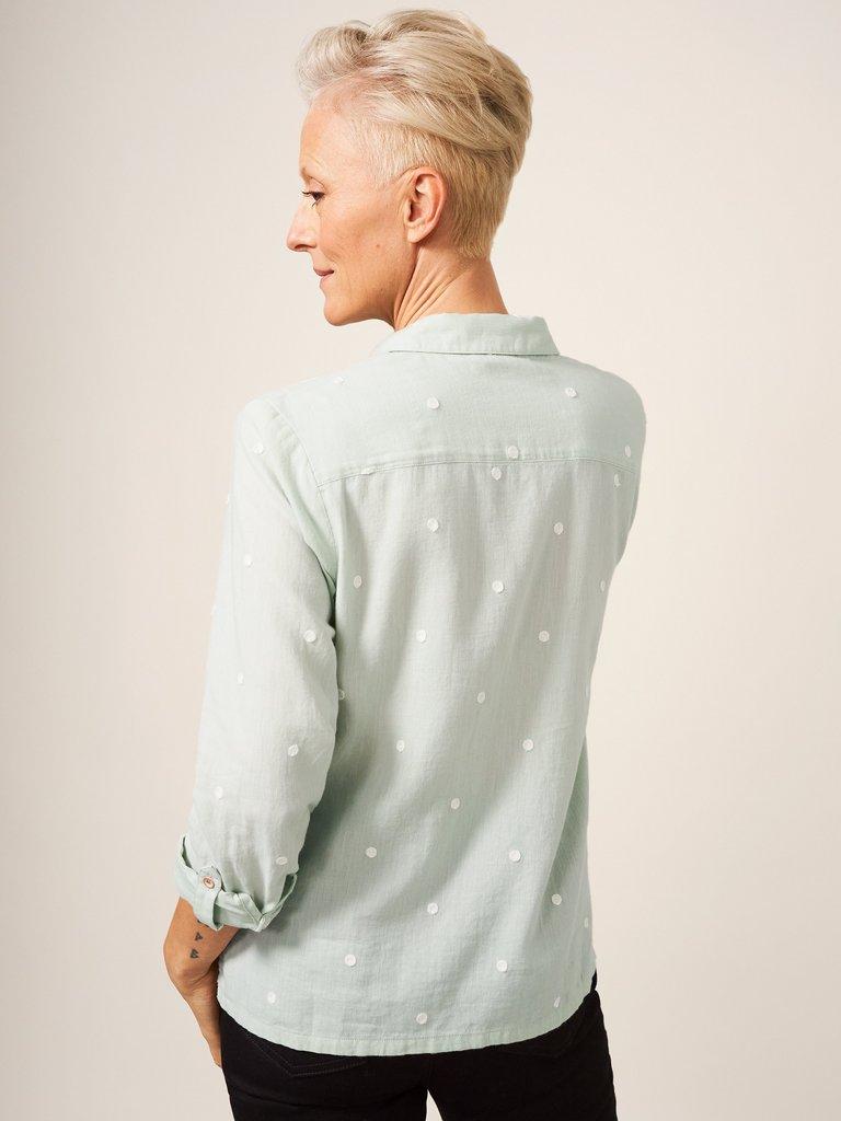 Emilia Organic Cotton Long Sleeve Shirt in GREEN MLT - MODEL BACK