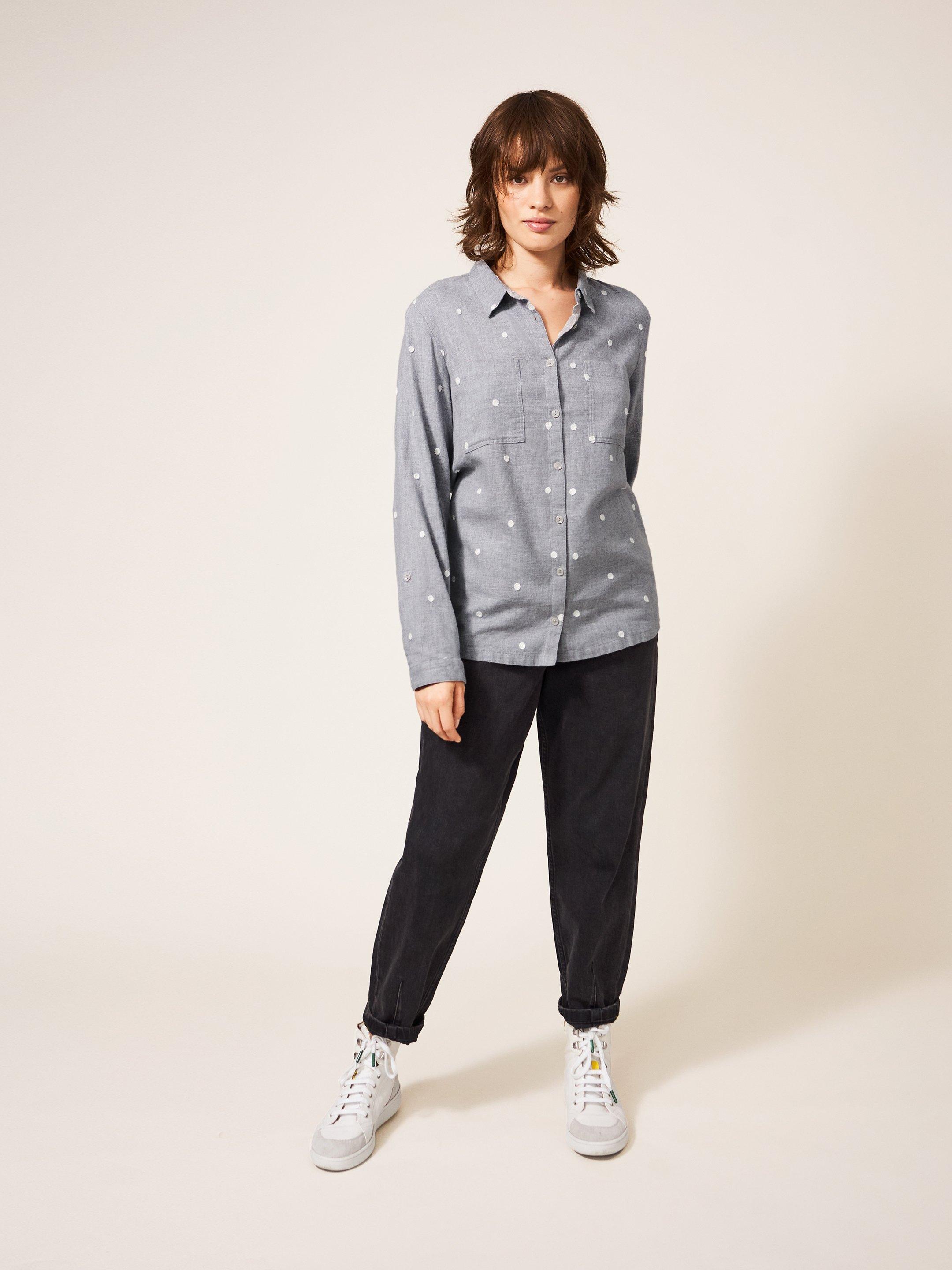 Emilia Organic Cotton Long Sleeve Shirt in GREY MLT - MODEL FRONT
