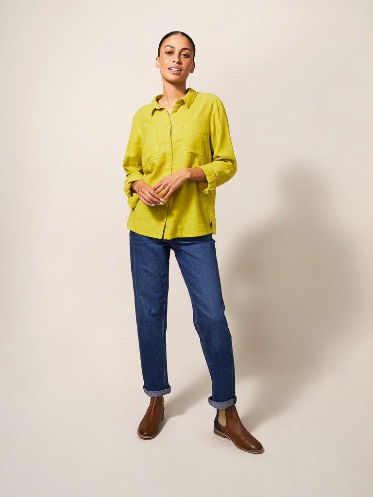 Emilia Organic Cotton Long Sleeve Shirt in MID CHART - MODEL FRONT