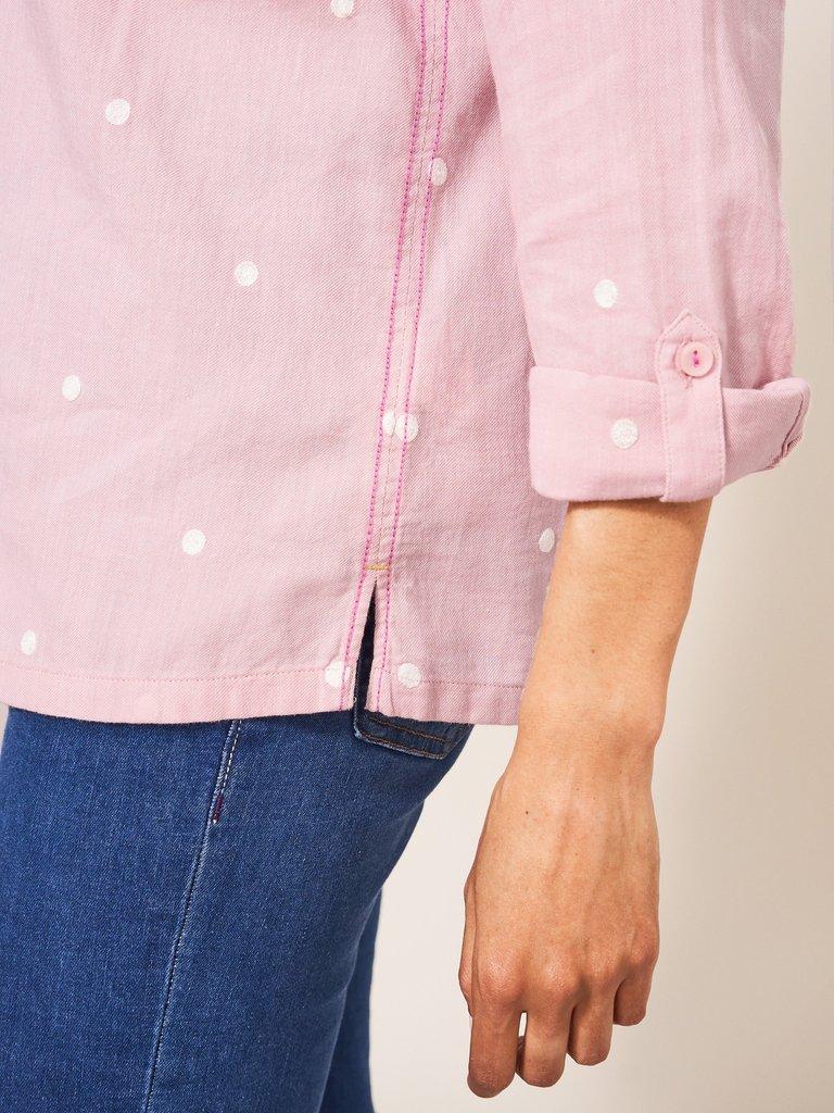 Emilia Organic Cotton Long Sleeve Shirt in PINK MLT - MODEL DETAIL