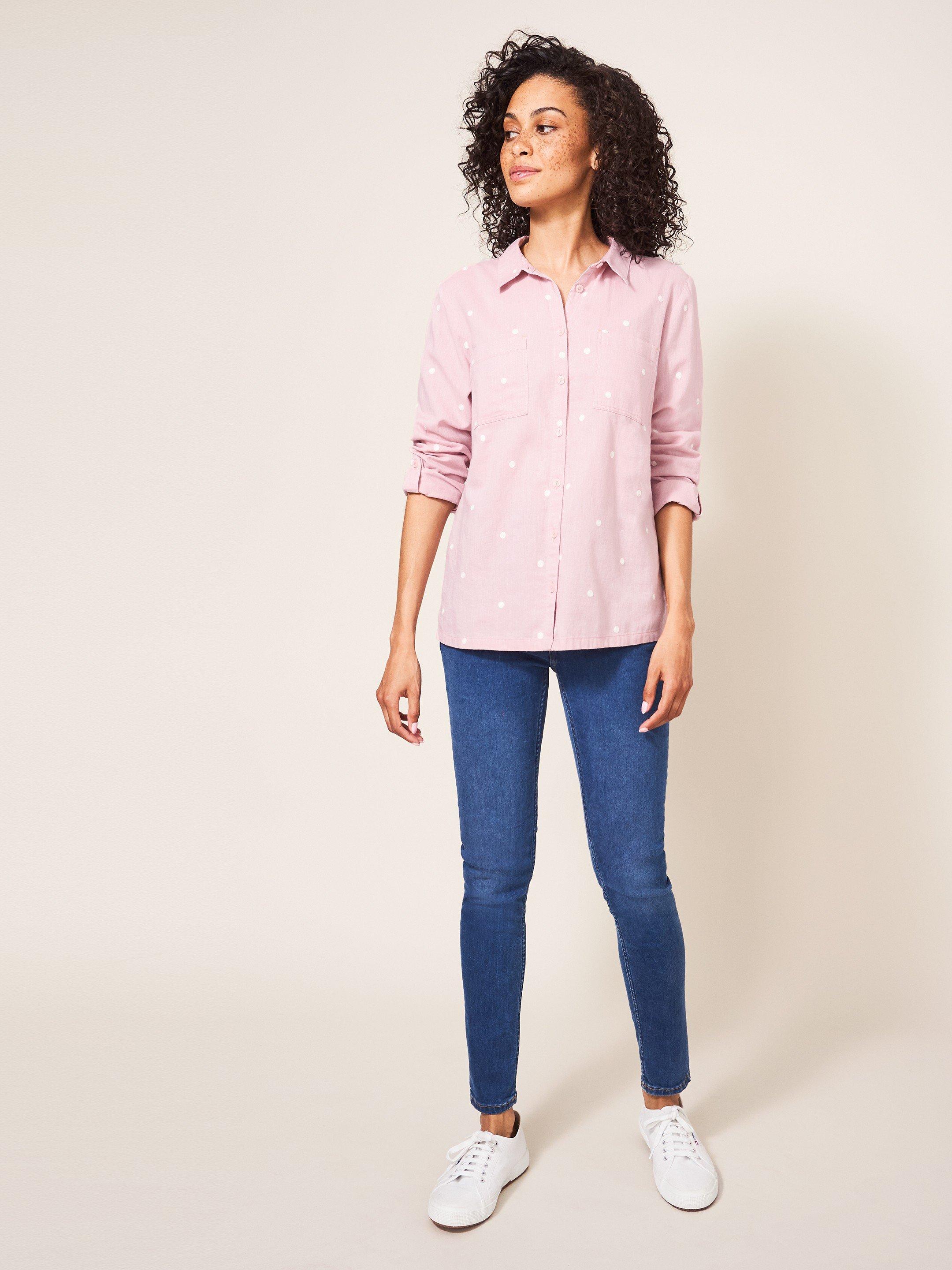 Emilia Organic Cotton Long Sleeve Shirt in PINK MLT - MODEL FRONT