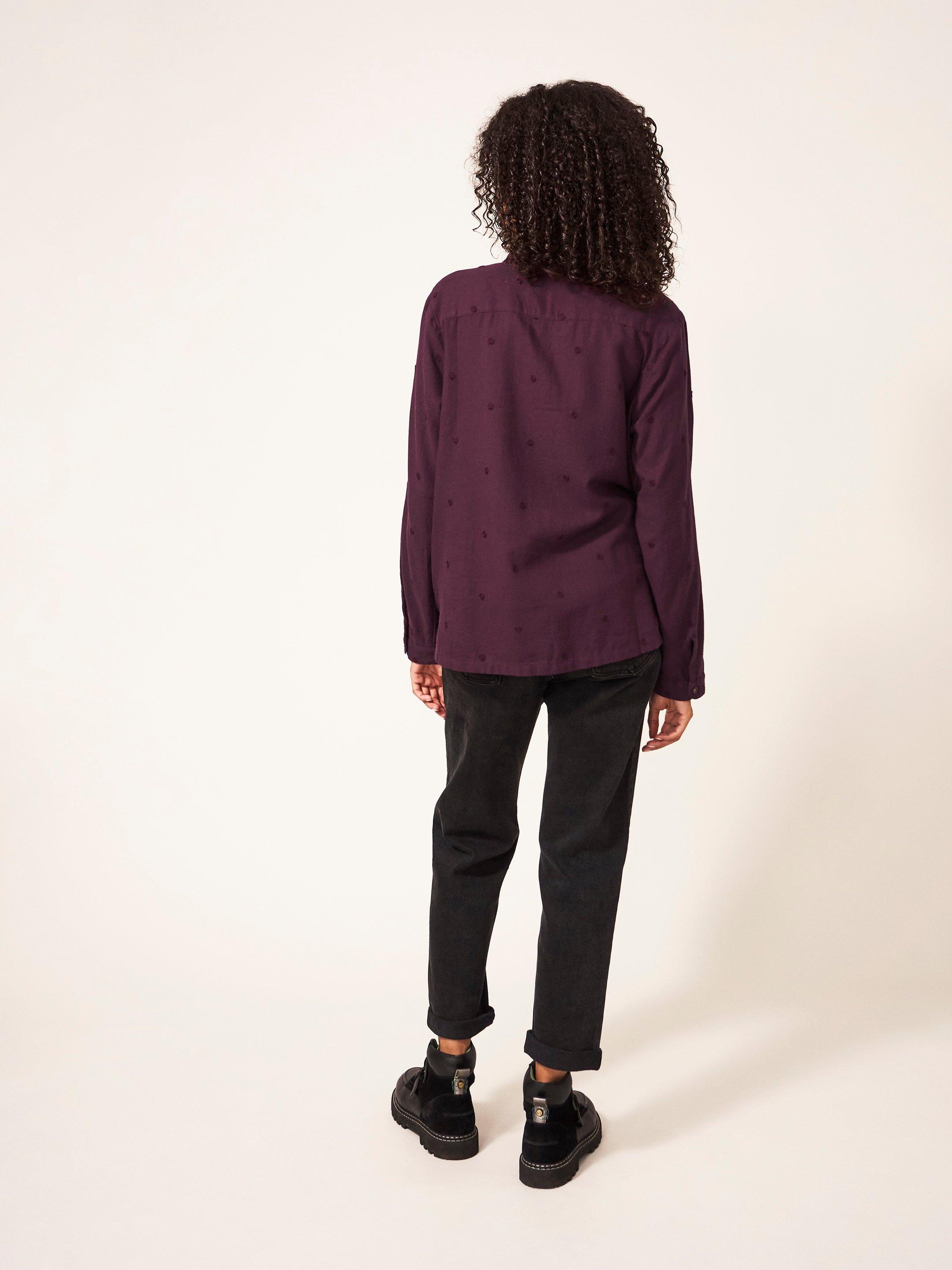 Emilia Organic Cotton Long Sleeve Shirt in PLUM MLT - MODEL BACK