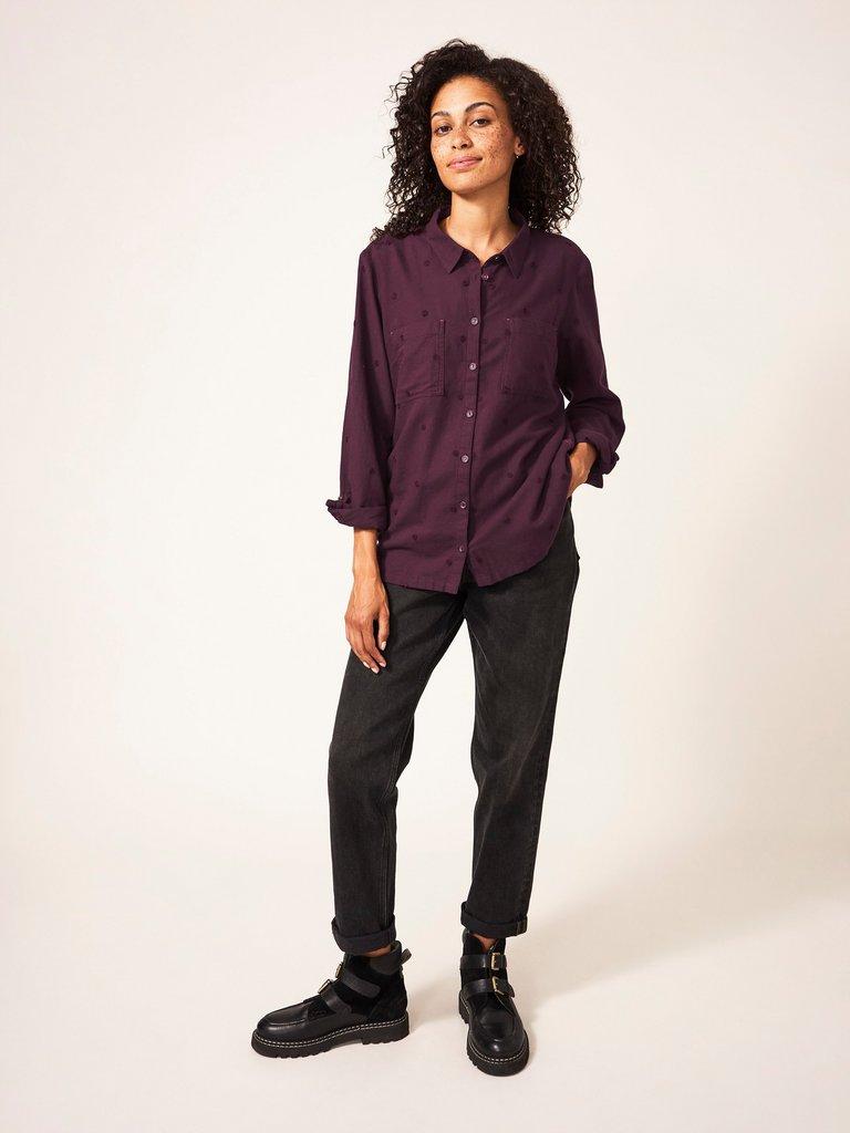 Emilia Organic Cotton Long Sleeve Shirt in PLUM MLT - MODEL FRONT