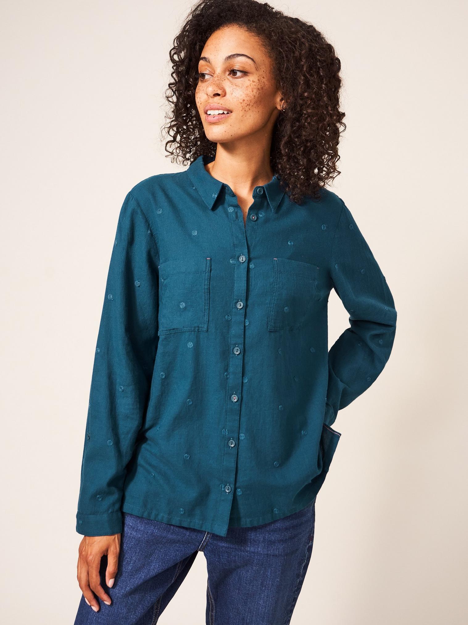 Emilia Organic Cotton Long Sleeve Shirt in TEAL MLT - LIFESTYLE