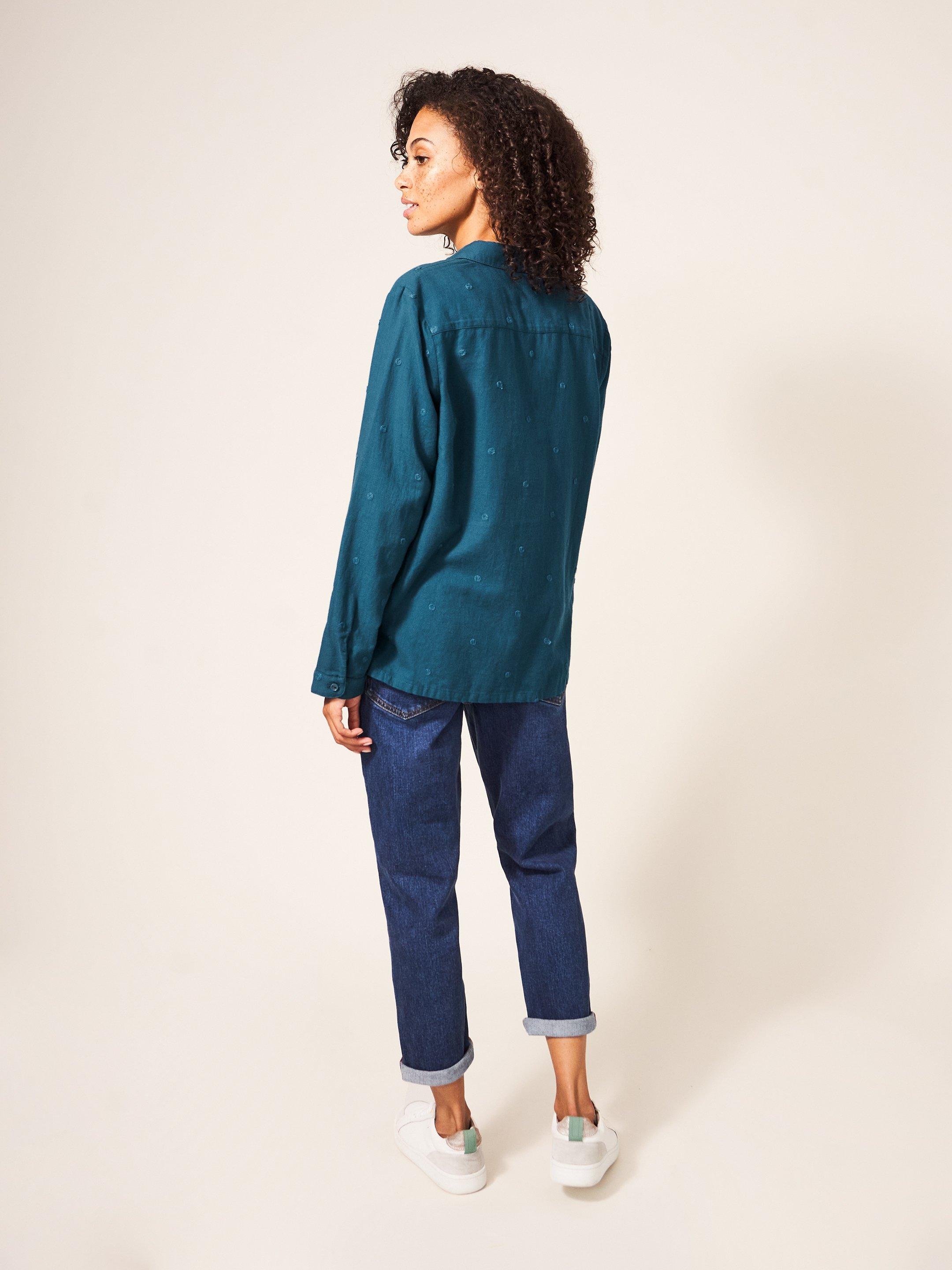 Emilia Organic Cotton Long Sleeve Shirt in TEAL MLT - MODEL BACK