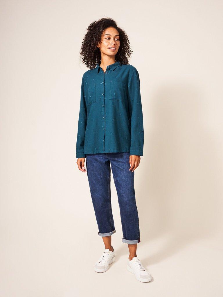 Emilia Organic Cotton Long Sleeve Shirt in TEAL MLT - MODEL FRONT