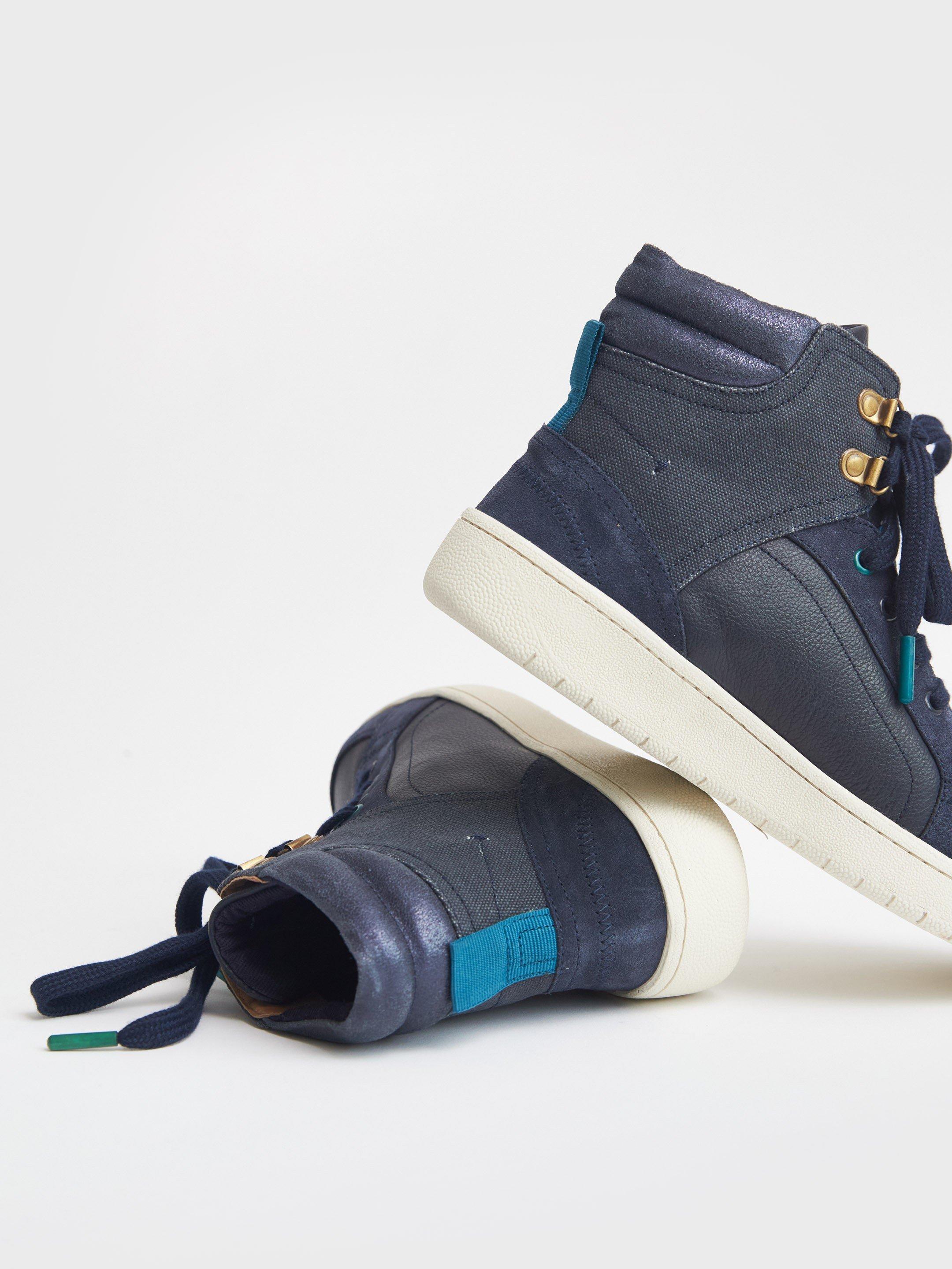 Leather Suede High Top Trainer in NAVY MULTI - FLAT BACK