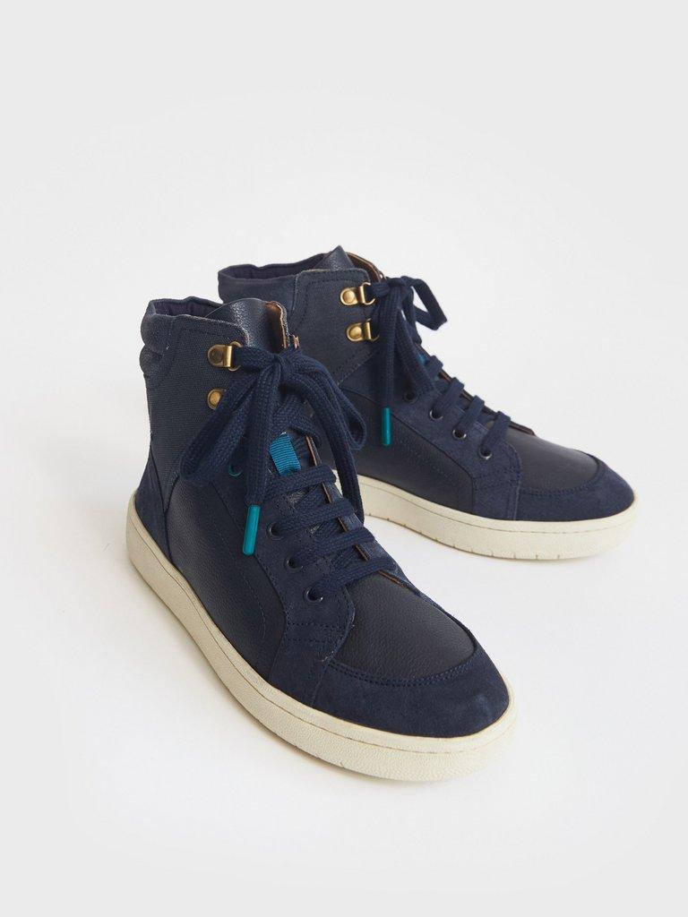 Leather Suede High Top Trainer in NAVY MULTI - FLAT FRONT
