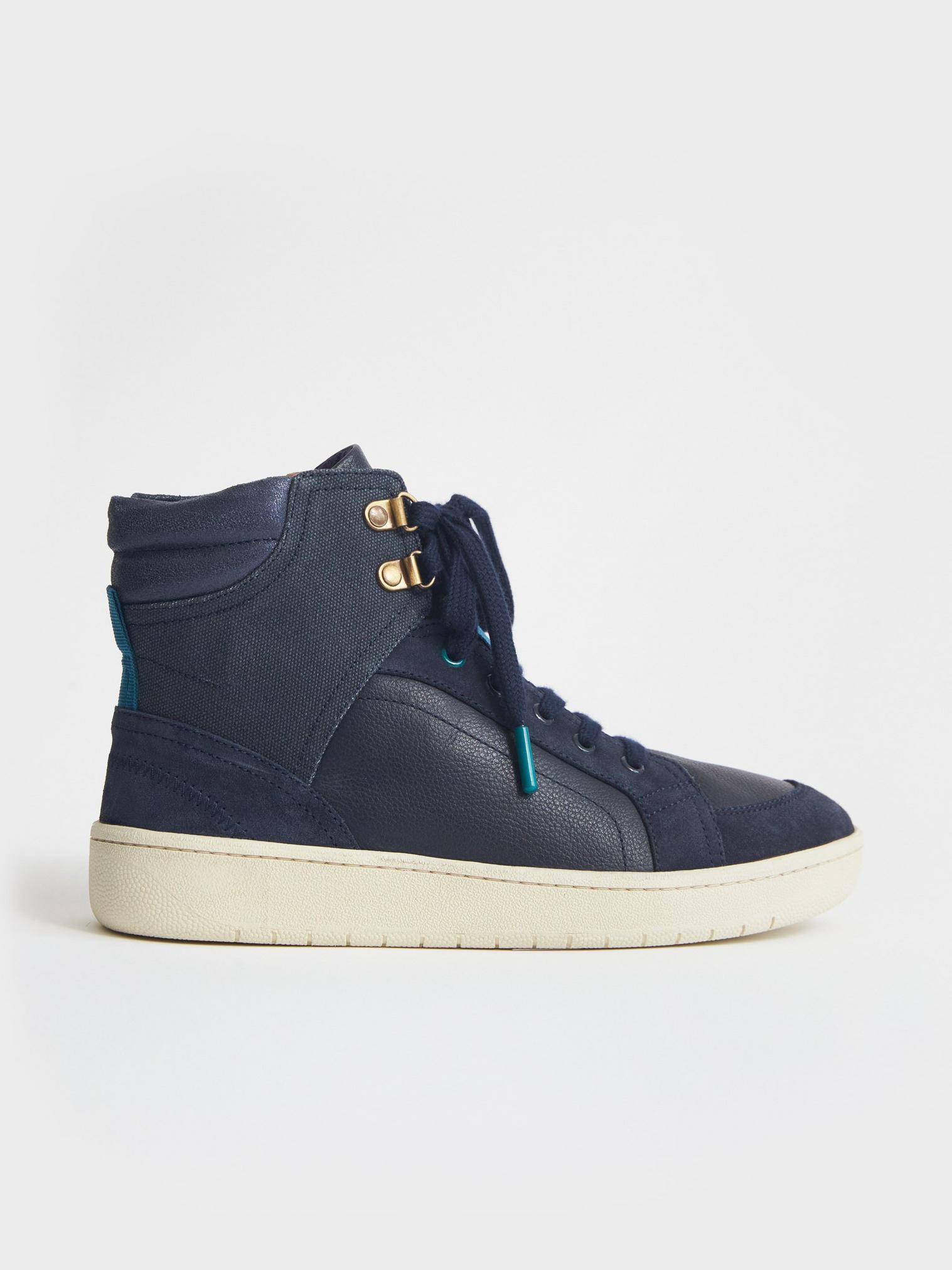 Leather Suede High Top Trainer in NAVY MULTI - MODEL FRONT