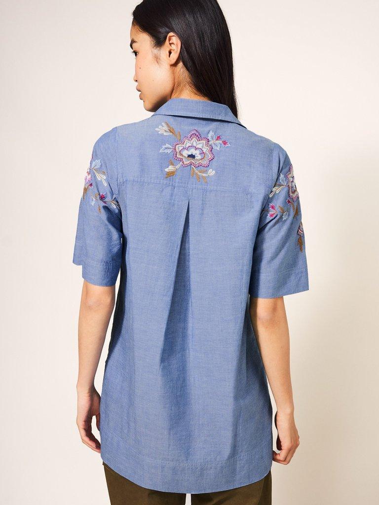 Savannah Embroidered Tunic in CHAMB BLUE - MODEL BACK