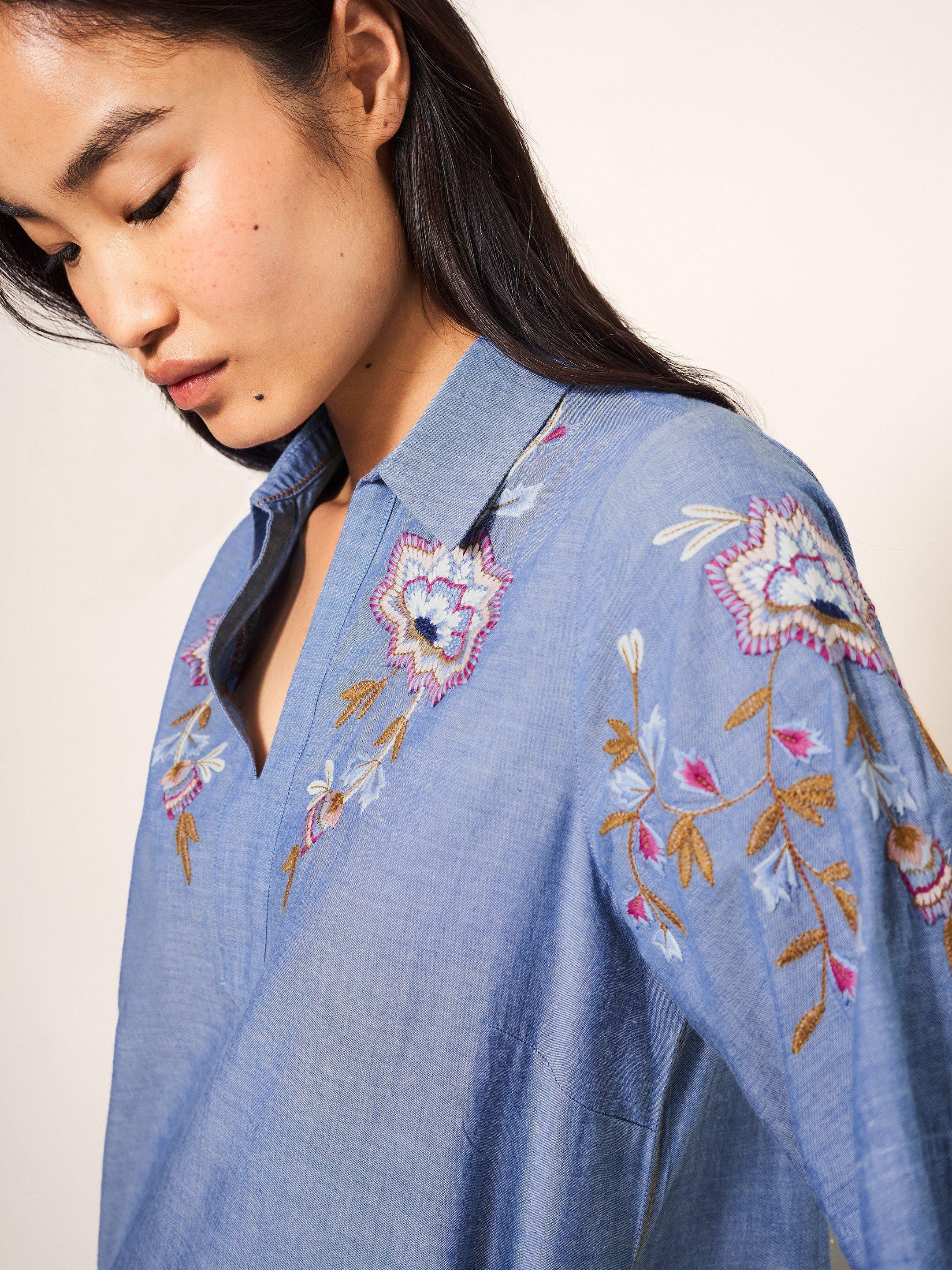 Savannah Embroidered Tunic in CHAMB BLUE - MODEL DETAIL