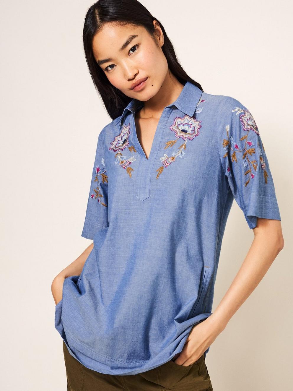 Savannah Embroidered Tunic in CHAMB BLUE - MODEL FRONT