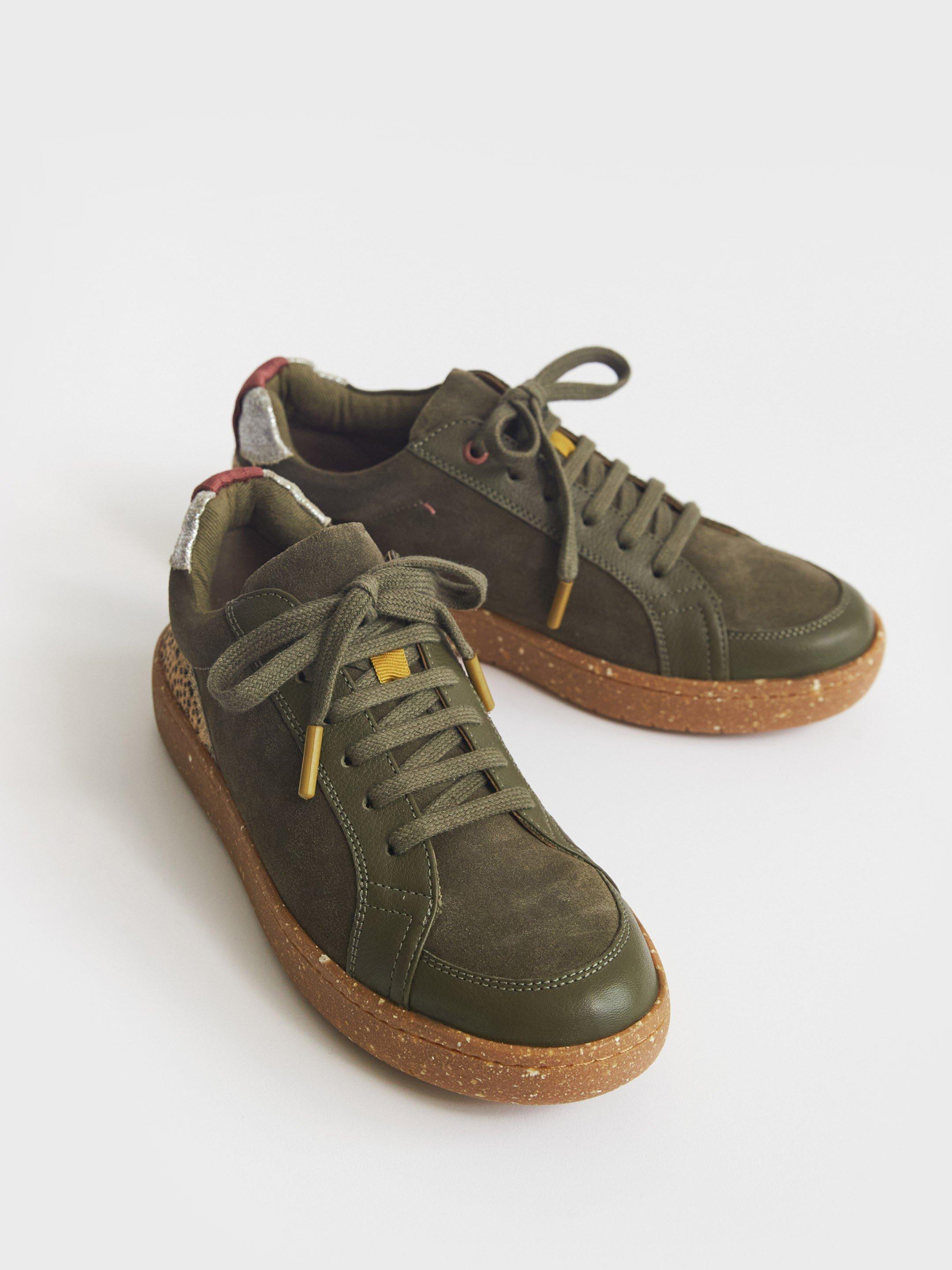 Leather Suede Versatile Trainer  in KHAKI GRN - FLAT FRONT