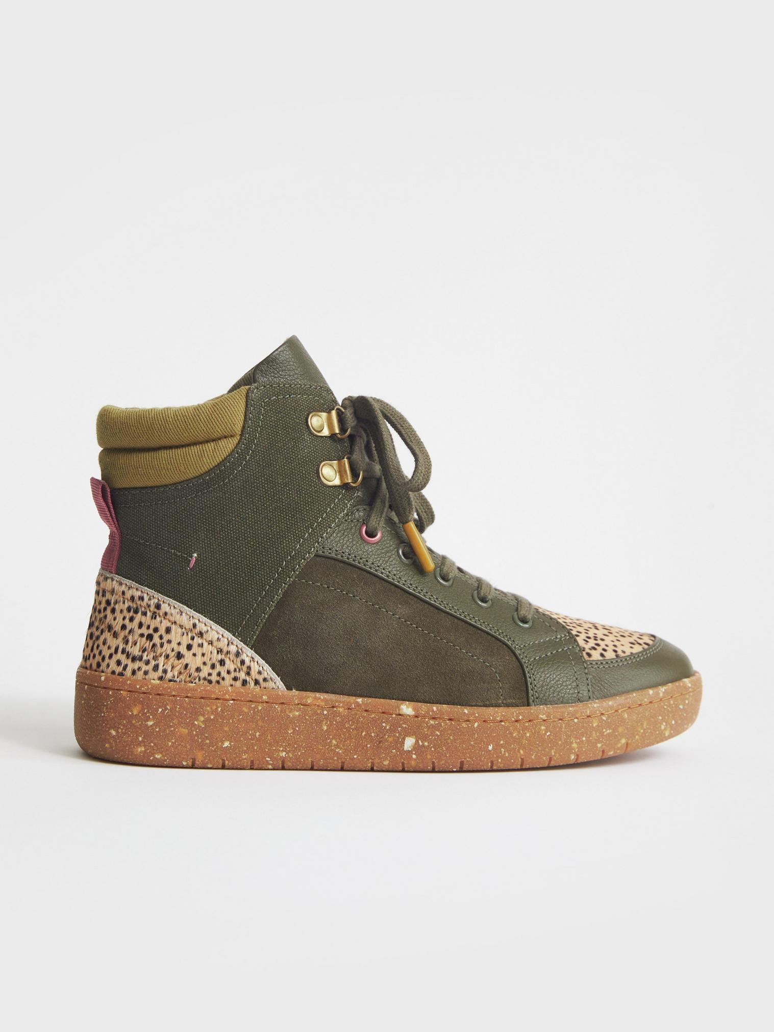 Leather Suede High Top Versatile Trainer in KHAKI GRN - MODEL FRONT