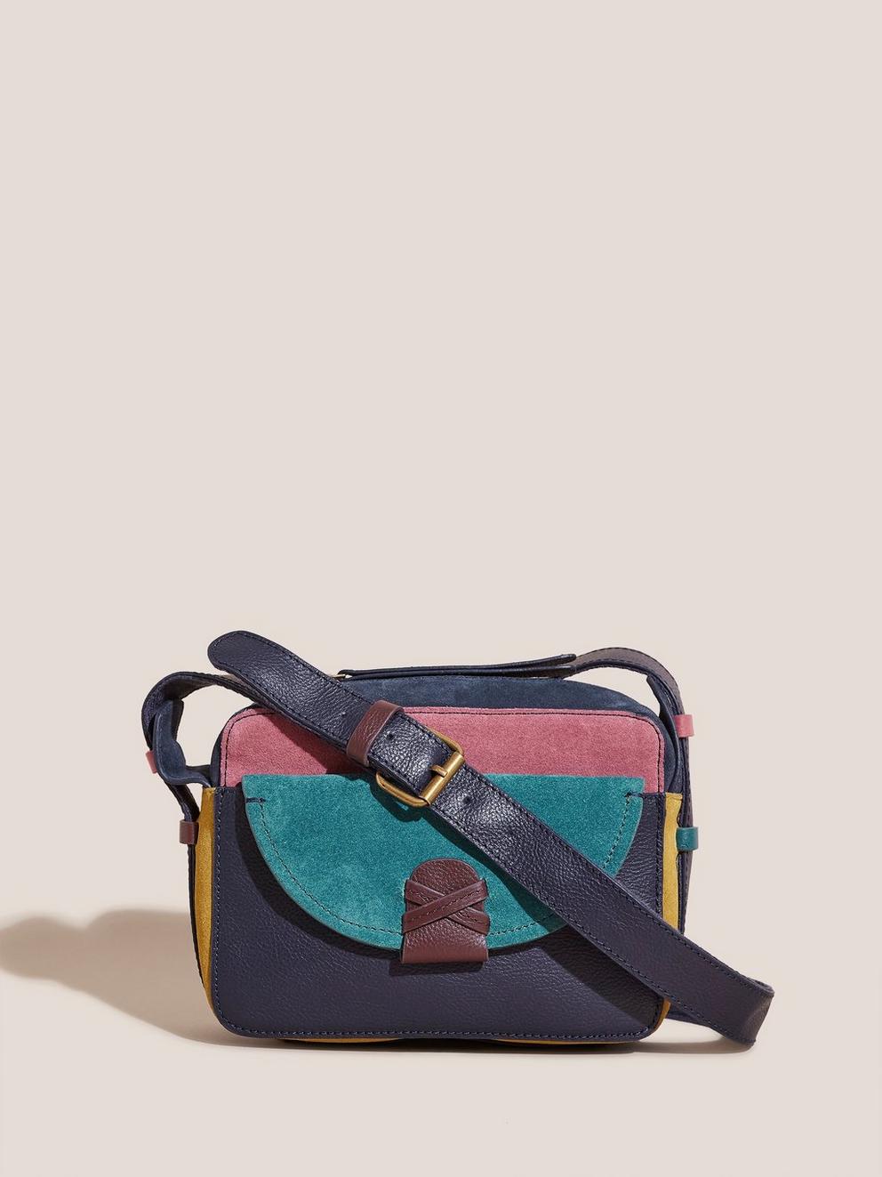 Lola Camera Bag in TEAL MLT - MODEL FRONT